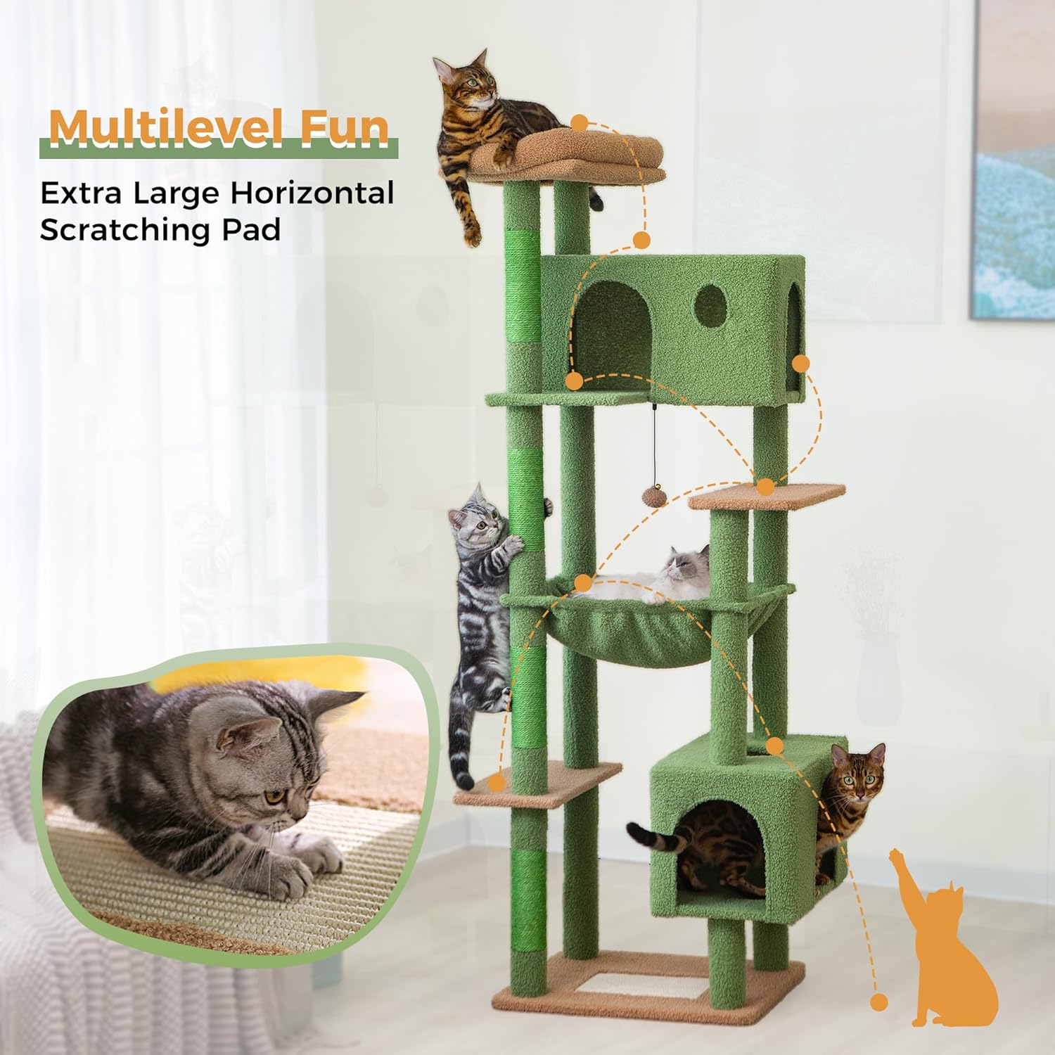 Meow Sir Árbol grande para gatos grandes de 70 pulgadas, torre para gatos multinivel con hamaca grande, condominio súper espacioso y postes anchos