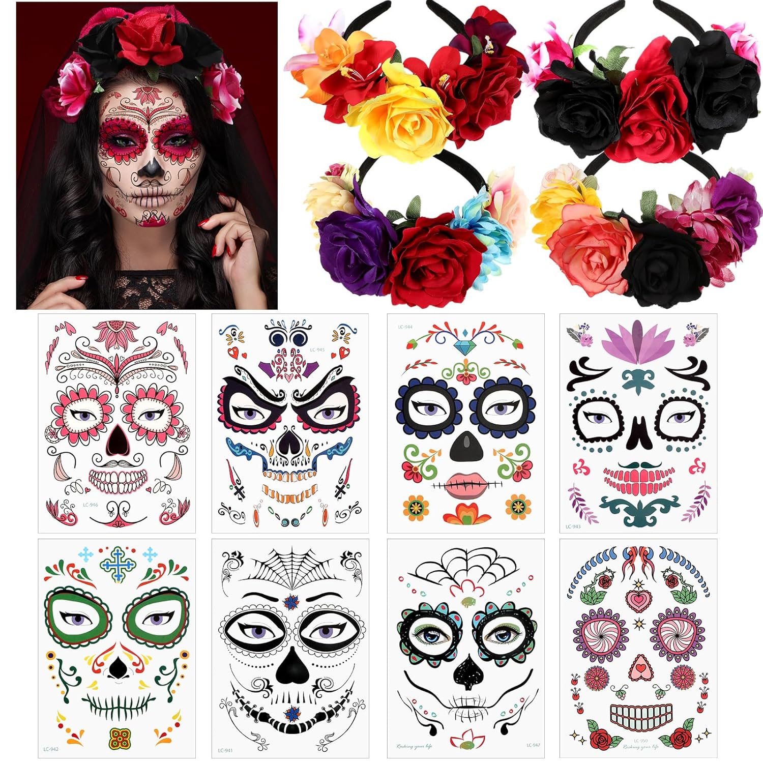 Maitys 4 piezas de tocado del Día de los Muertos, corona floral de rosas mexicanas y 8 hojas de calcomanías temporales de tatuaje de calavera floral