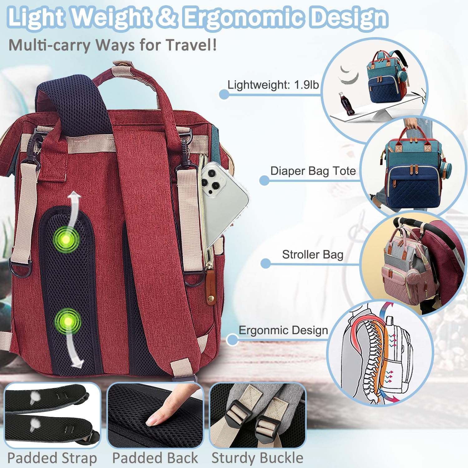 Bolsa de pañales mochila para bebé, bolsa de pañales para papá y mamá con almohadilla, 16 bolsillos, Con color, Compacto