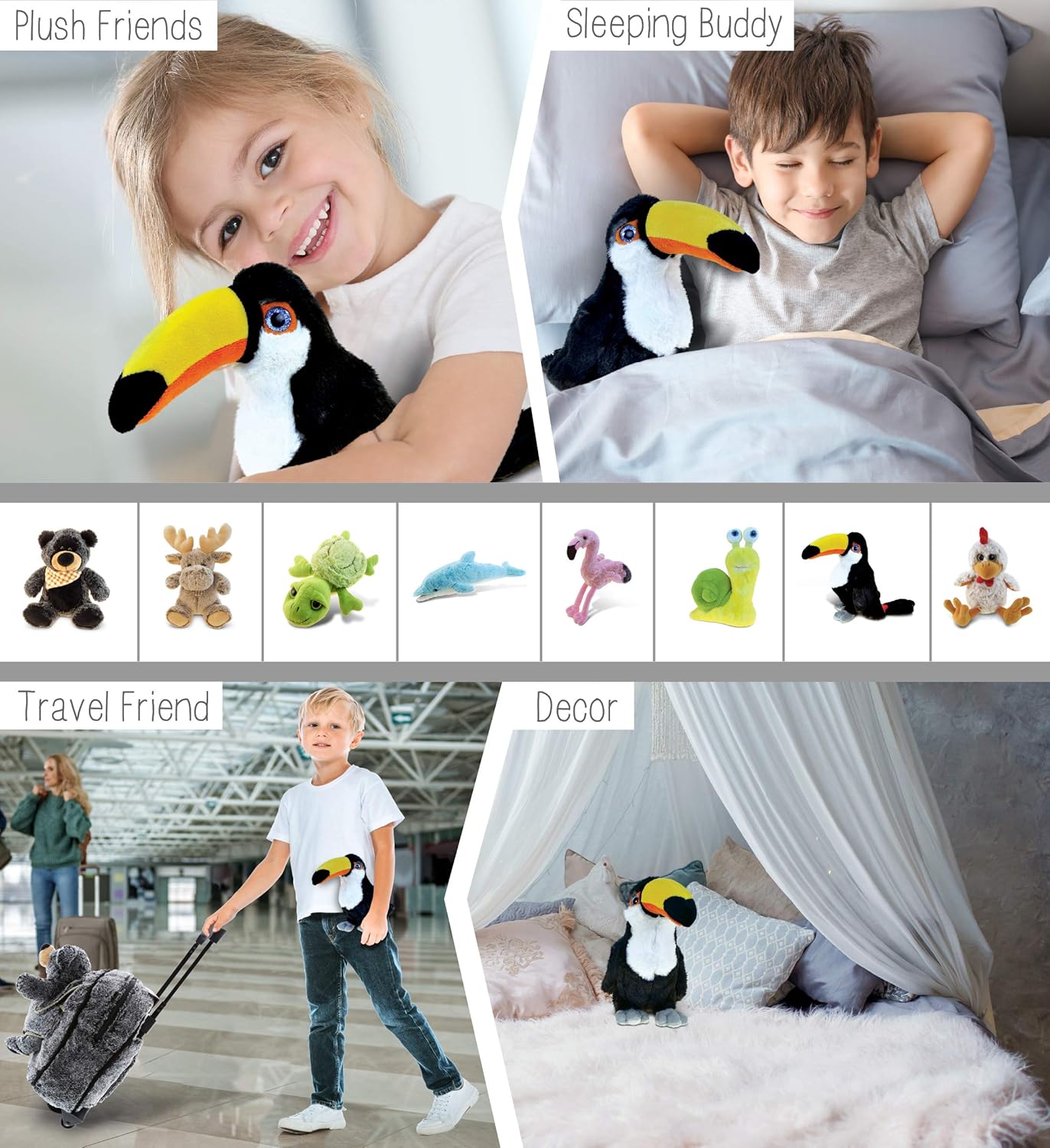 DolliBu – Peluche de tucán  Tucán tropical abrazable de piel suave, adorable juguete de peluche de tucán para jugar, lindo regalo de pájaro de la