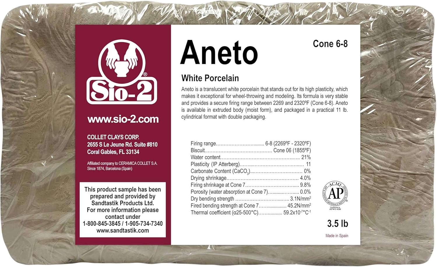 SIO-2 – Arcilla de cerámica de porcelana blanca Aneto, 3.5 lb (1.59 kg)  Arcilla al horno para lanzar ruedas, construcción de manos y modelado,