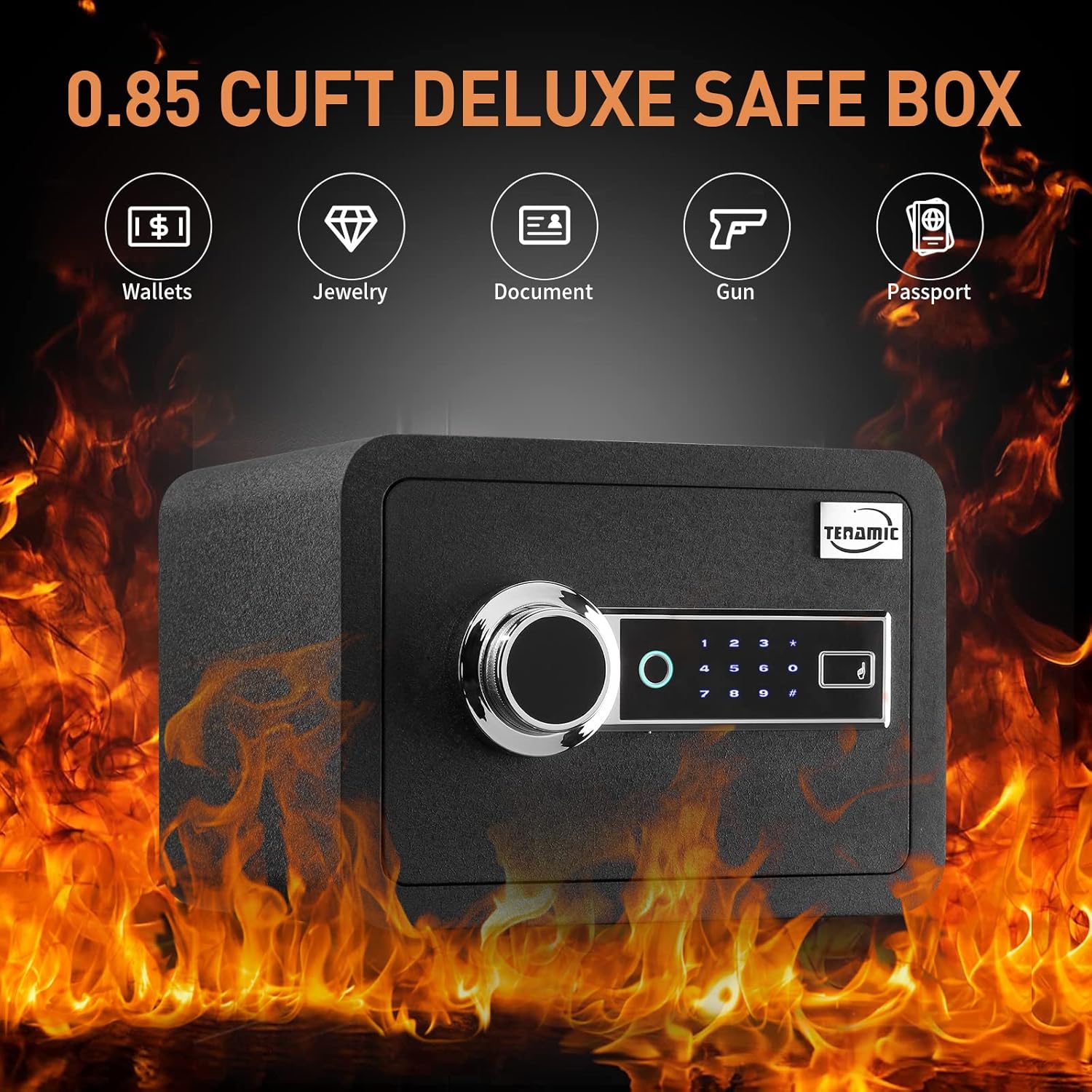 Tenamic Caja de seguridad biométrica de huellas dactilares, 0.85 pies cúbicos, impermeable, con luz de inducción y cuero, acero de aleación sólida