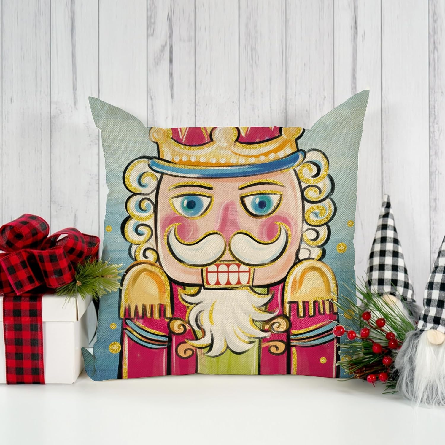 Ussap Juego de 4 fundas de almohada decorativas de cascanueces de Feliz Navidad de 18 x 18 pulgadas, decoración de fundas de cojín de madera de