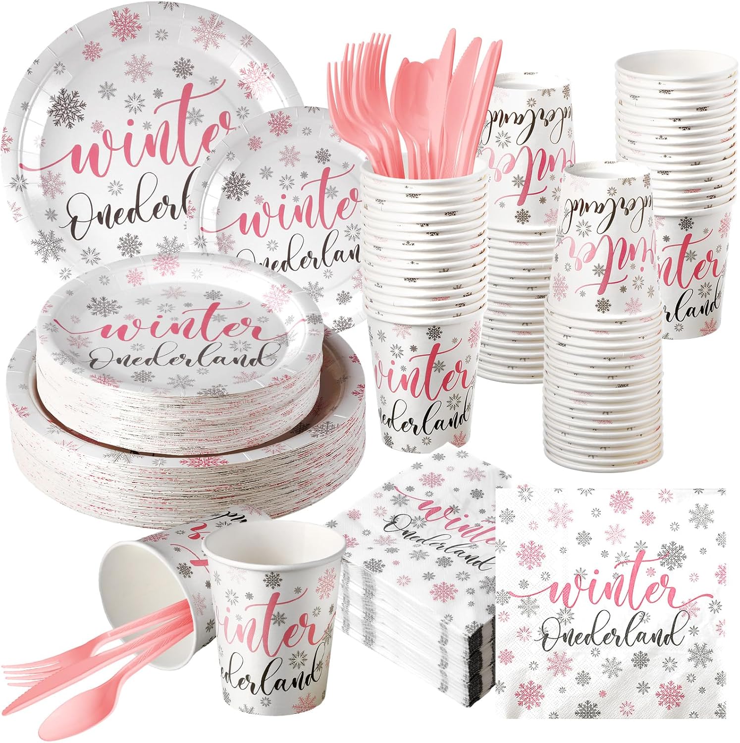 Juego de 324 platos y servilletas de copo de nieve rosa y plateado, vajilla desechable para fiesta de primer cumpleaños, platos de invierno del país