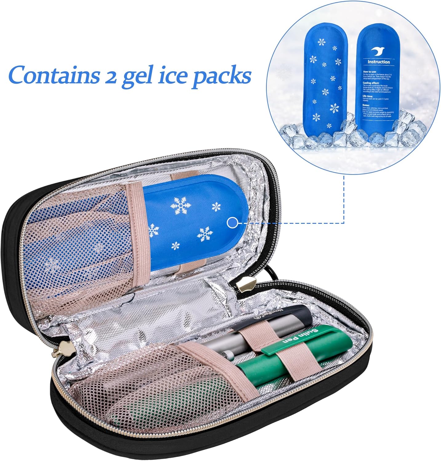 Yarwo Maletín de viaje con 2 paquetes de hielo, bolsa organizadora de medicamentos diabéticos aislada, bolsa térmica médica portátil para bolígrafos