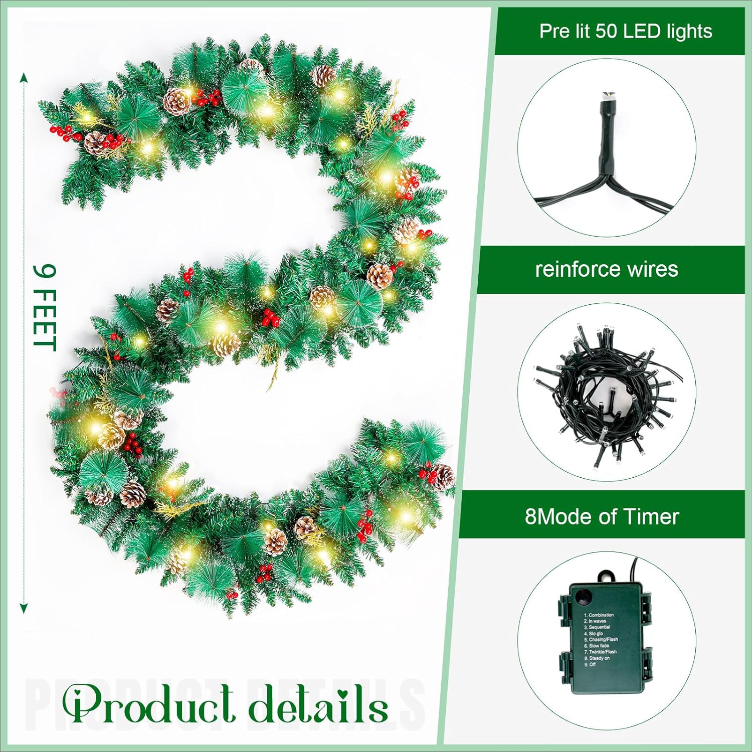 Joyhalo Guirnalda de Navidad de 9 pies con luces que funciona con pilas, guirnalda de Navidad preiluminada al aire libre para manto, guirnalda de