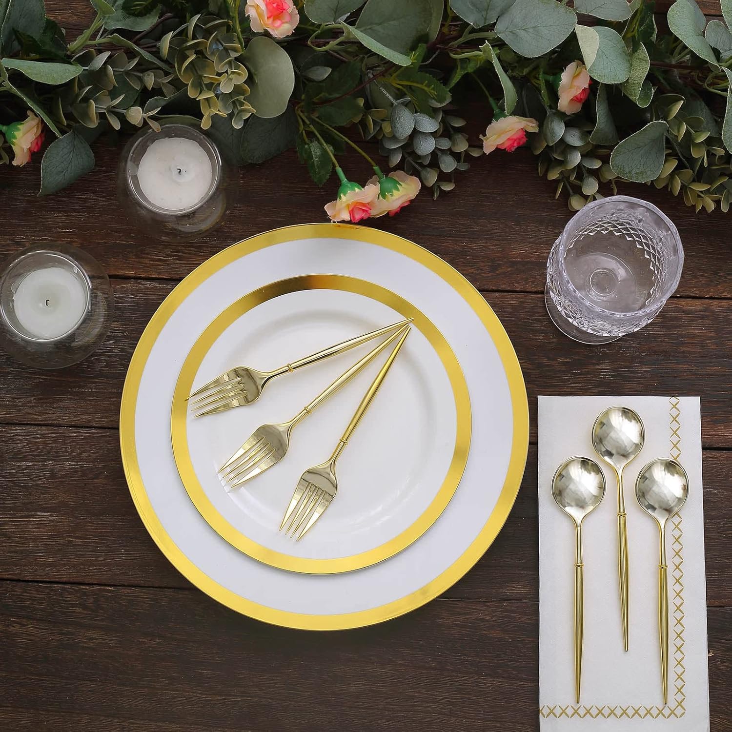Efavormart – Juego de 24 utensilios de tenedorcuchara de plástico dorado metálico de 6 pulgadas, cubiertos desechables modernos y resistentes