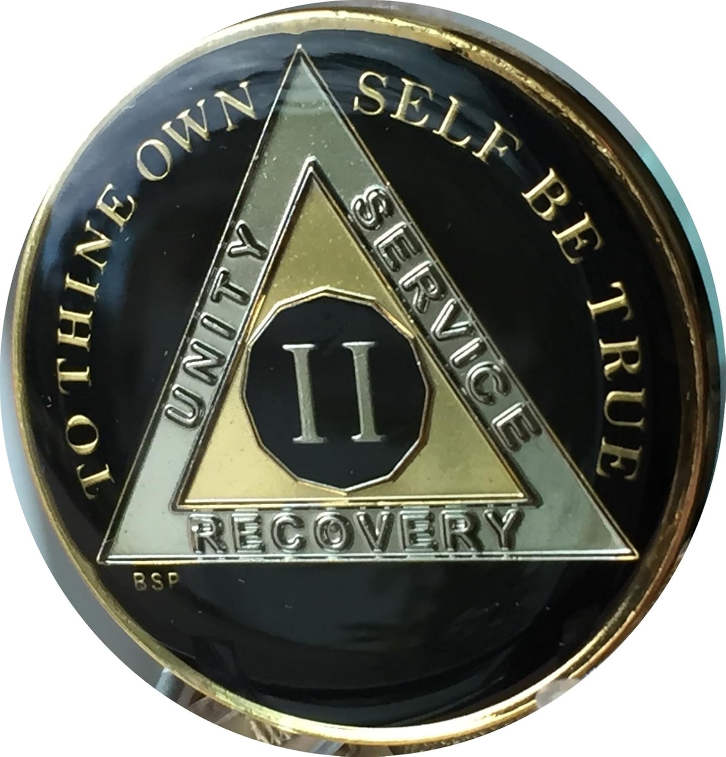Blue Star Press 2 años Classic Black AA Medallion Sobriety Chip Tri Plate chapado en oro y níquel
