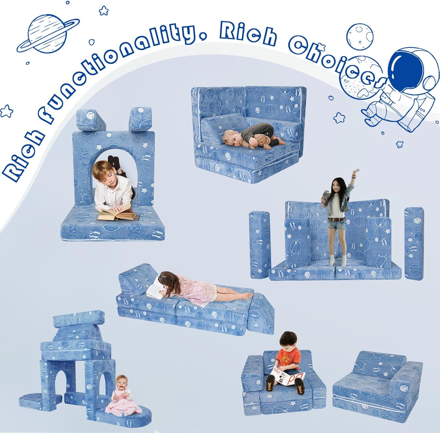 MeMoreCool Sofá infantil de 10 piezas, sofá de espacio brillante para sala de juegos, sofá de espuma plegable para niñas y niños, juego modular