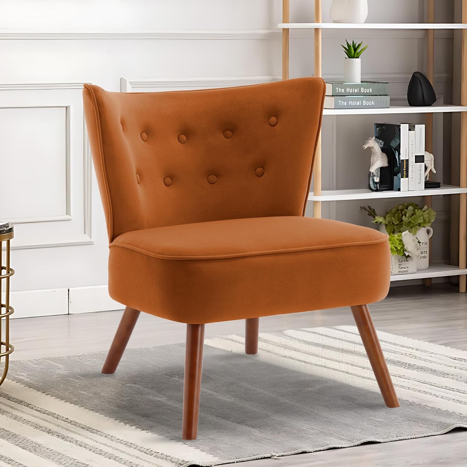 RUOVU Silla decorativa de terciopelo moderna de mediados de siglo, silla de sala de estar sin brazos con patas de madera, silla de club con respaldo