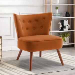 RUOVU Silla decorativa de terciopelo moderna de mediados de siglo, silla de sala de estar sin brazos con patas de madera, silla de club con respaldo RUOVU Silla decorativa de terciopelo moderna de mediados de siglo, silla de sala de estar sin brazos con patas de madera, silla de club con respaldo