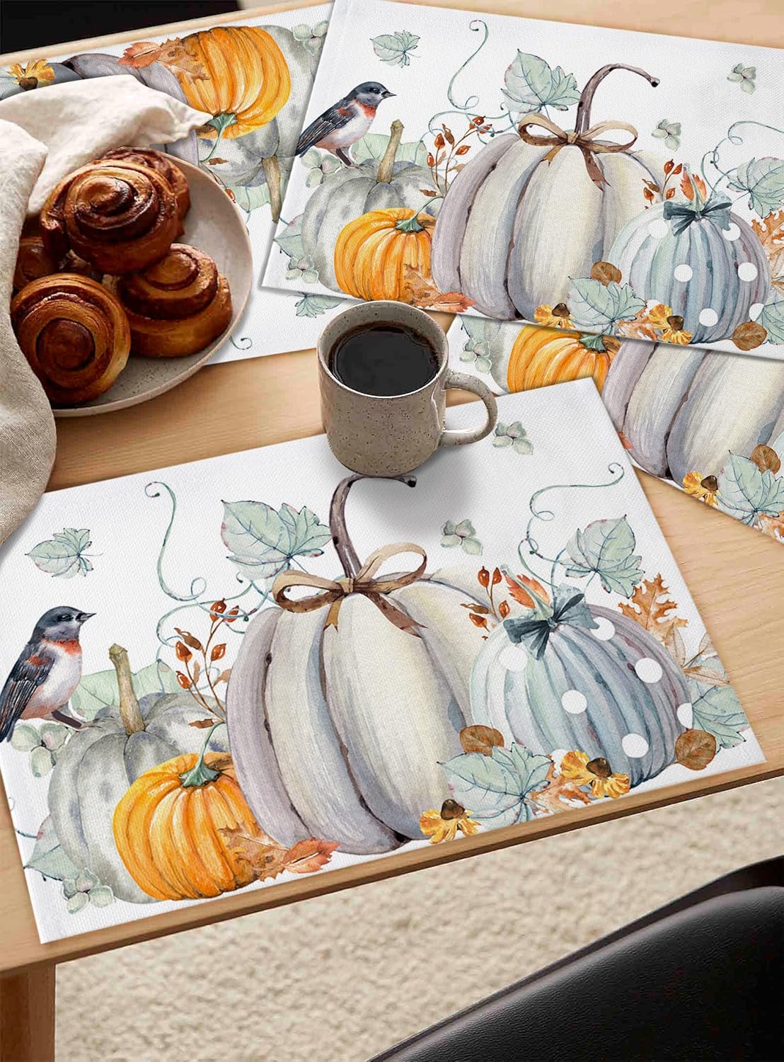 Juego de 6 manteles individuales de otoño, manteles individuales de calabaza blanca para decoración de mesa de comedor, manteles individuales de