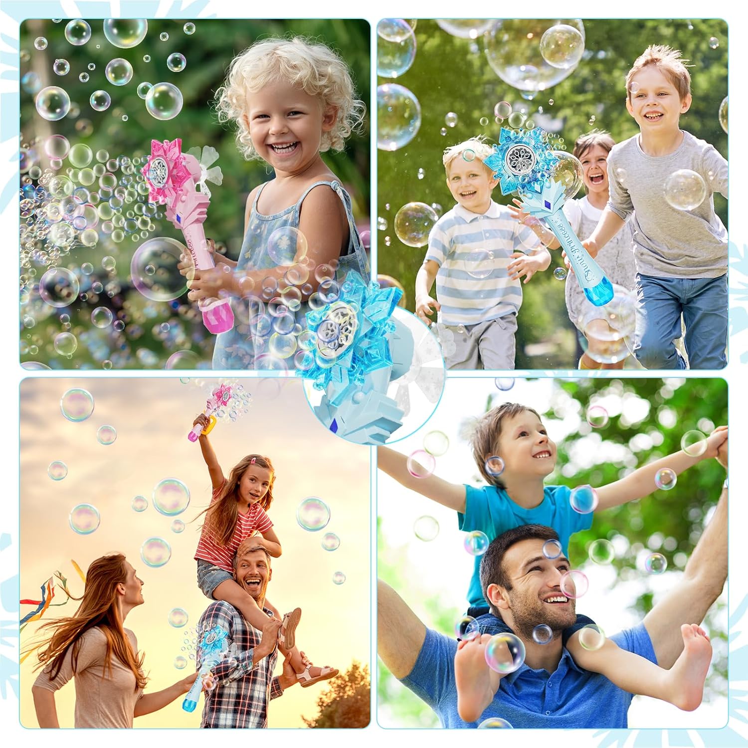 VATOS Varitas de burbujas 2 paquetes para niños, máquina sopladora automática de burbujas, luz y música, varita de burbujas de copo de nieve con 2
