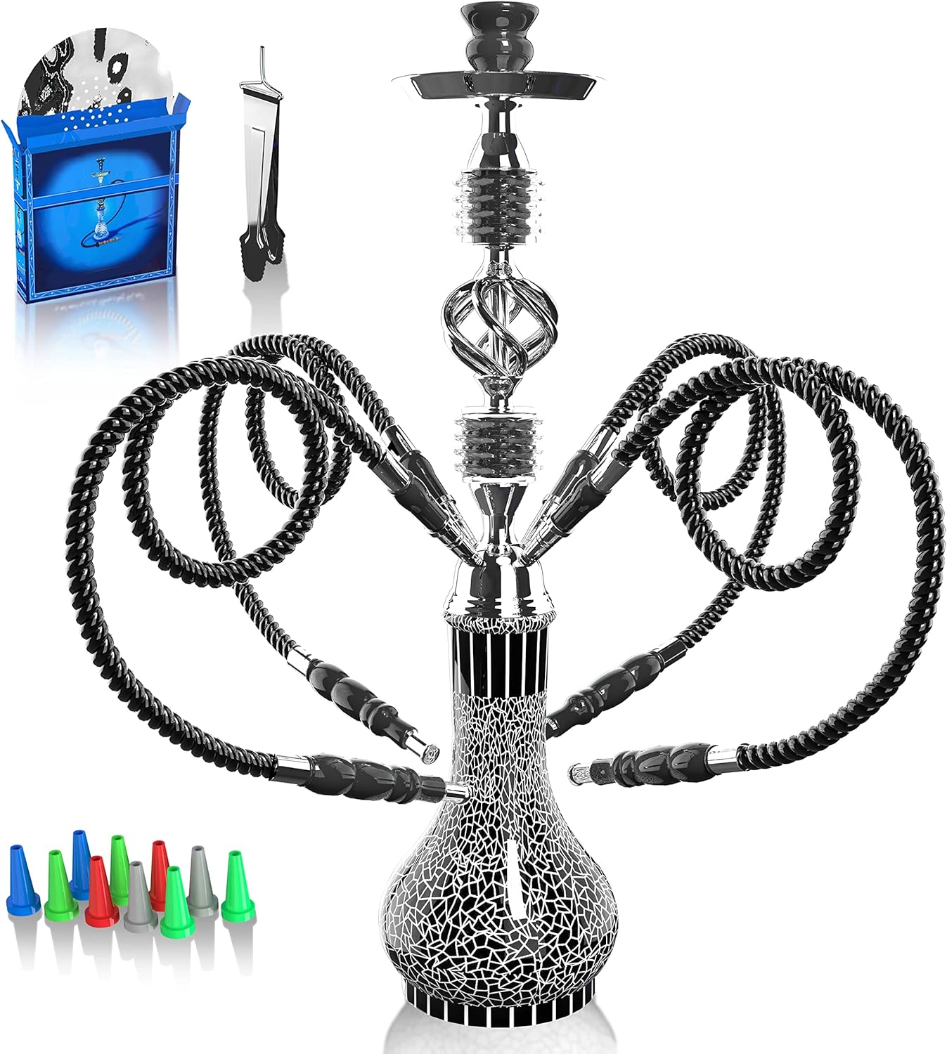 Juego completo de cachimba con 4 mangueras, kit de shisha grande de 22 pulgadas para hasta 4 personas con todo lo incluido, cuenco de cerámica