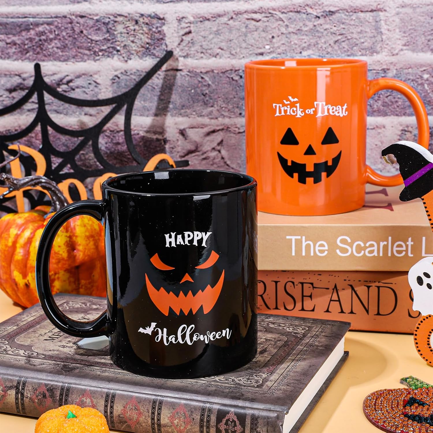 Whaline Juego de 2 tazas de Halloween de 12 onzas con diseño de calabaza, tazas de café de cerámica para el hogar, escuela, oficina, centros de