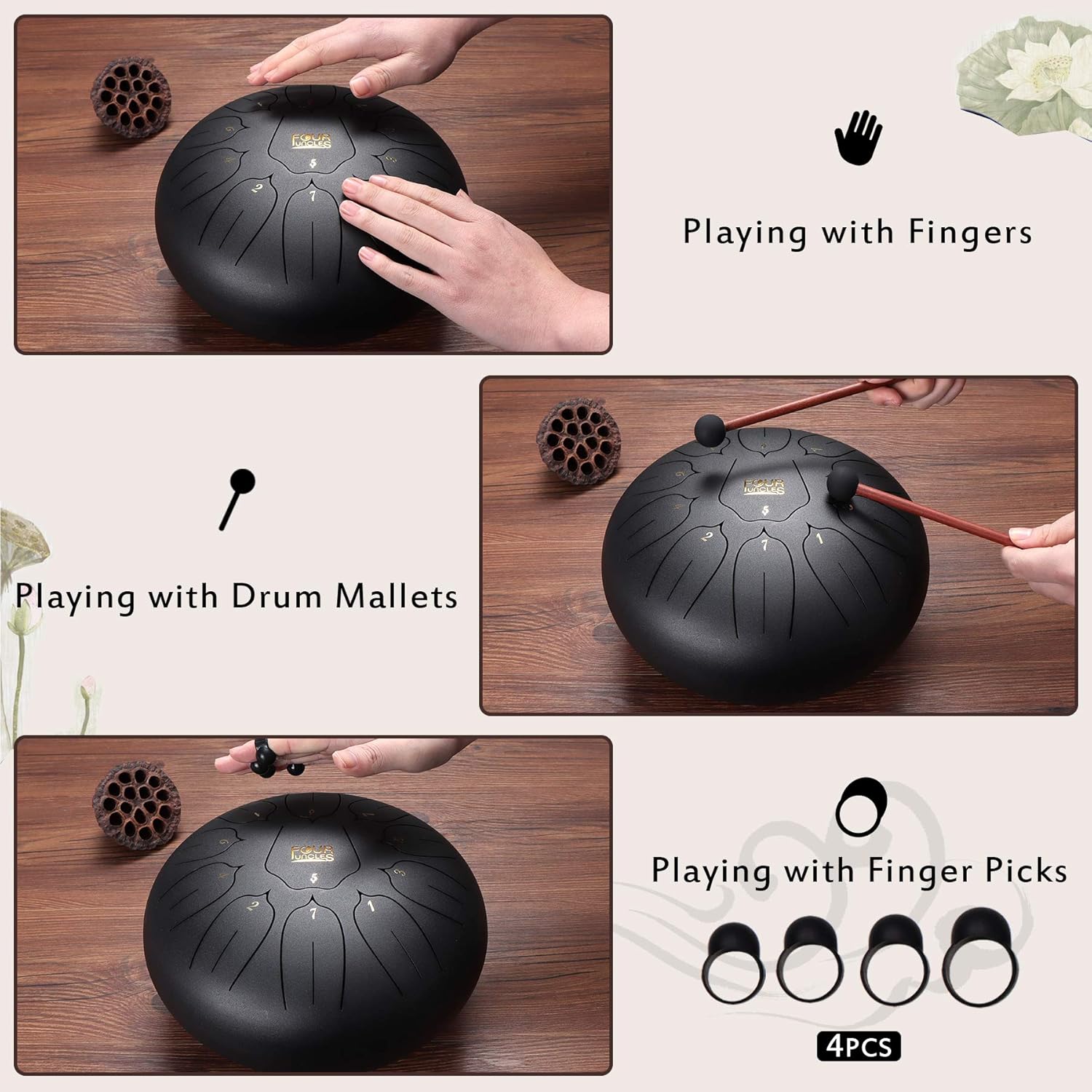FOUR UNCLES Tambor de lengua de acero de 10 pulgadas, 11 notas, tambor de mano con bolsa de viaje, mazos de libros de música, instrumentos musicales
