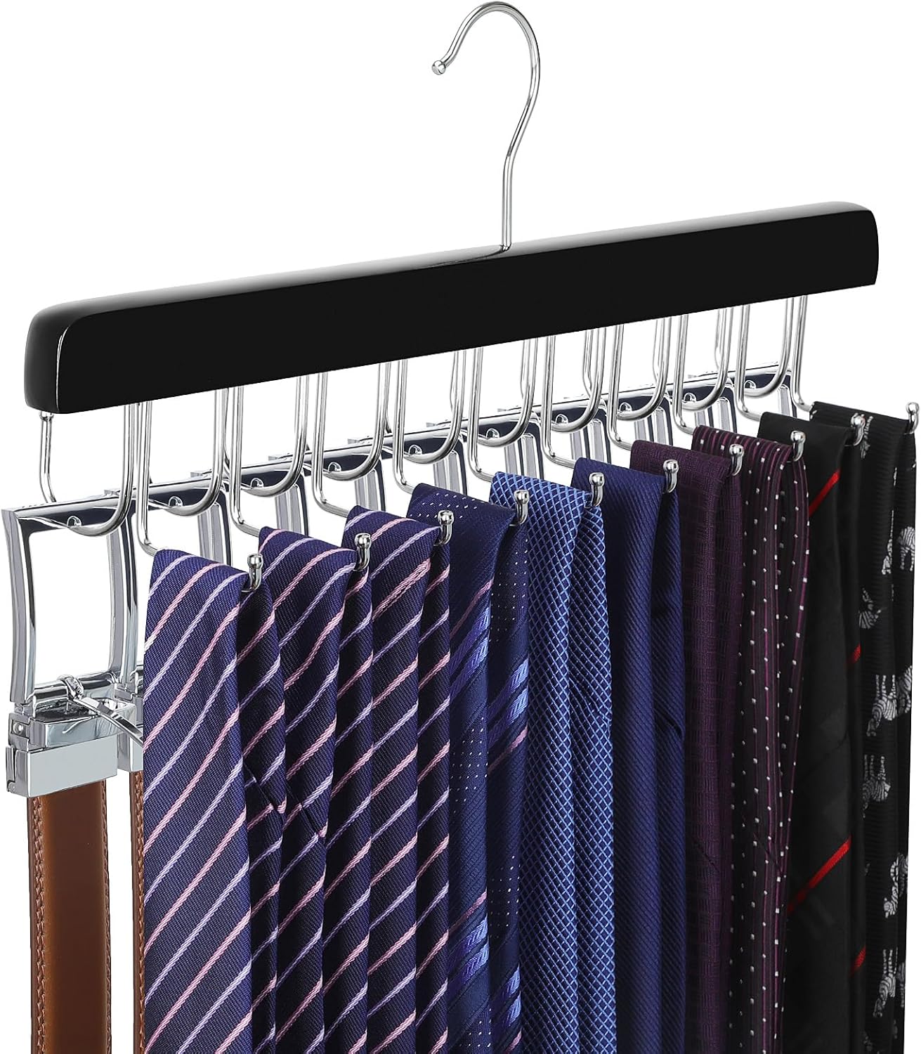 TOPIA HANGER Percha de amarre de cinturón 2 en 1 para armario Max 30 cinturones con capacidad de 30 lazos, 20 ganchos para atar cinturones, colgador