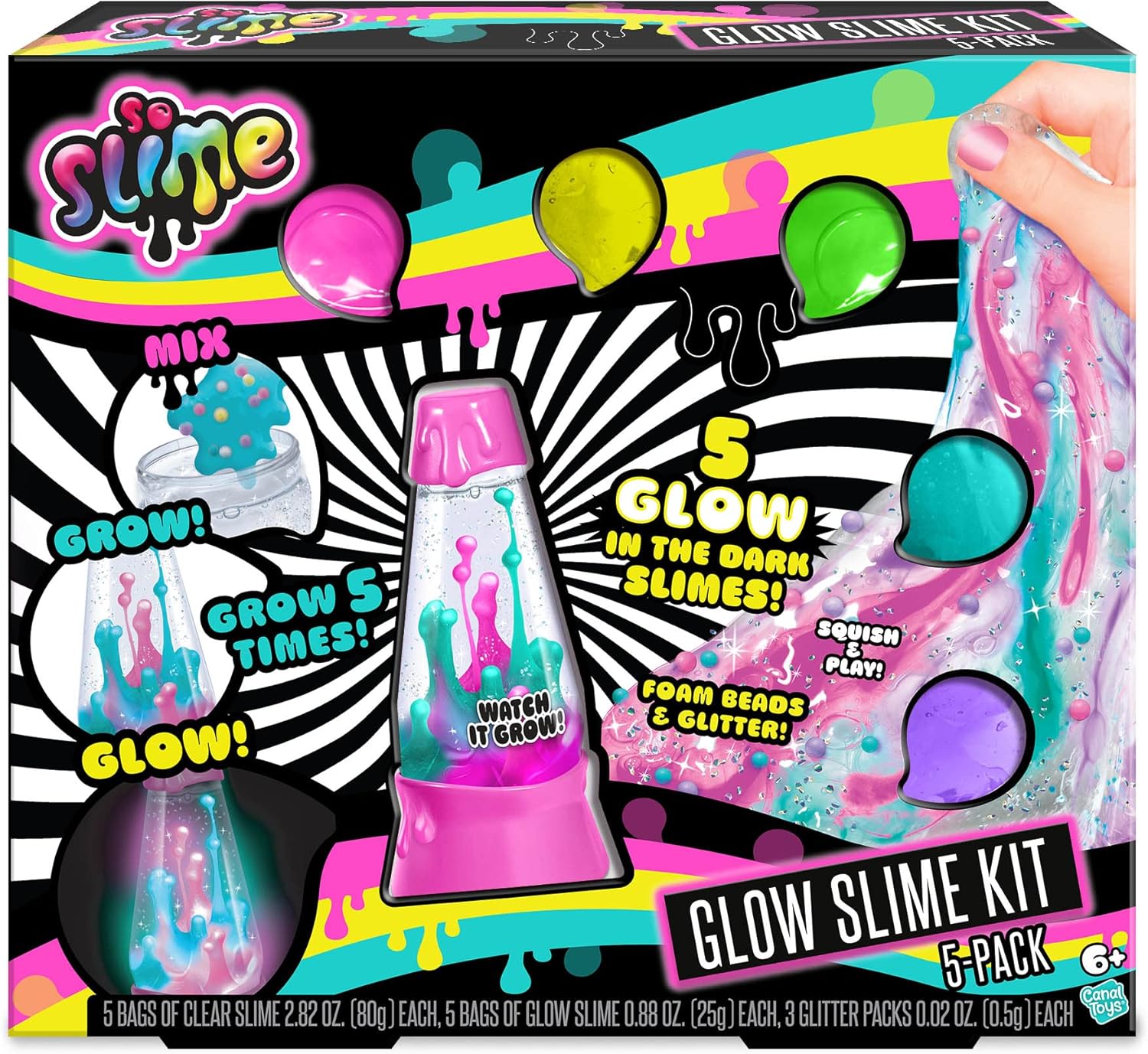 Canal Toys So Slime Glow Slime, paquete de 5, divertido kit de slime que brilla en la oscuridad con contenedor. Estirar, aplastar y jugar