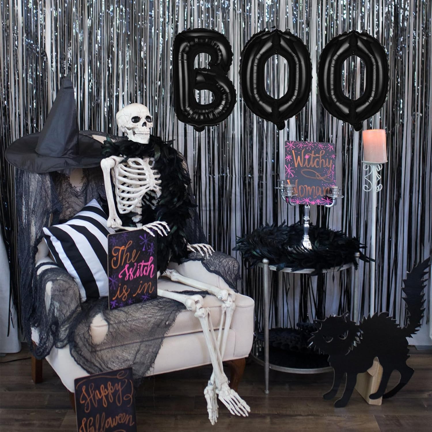 Globos de papel de aluminio de Halloween, juego de pancartas de globos negros para fiesta de Halloween, 16 pulgadas, kit de banderines para temática