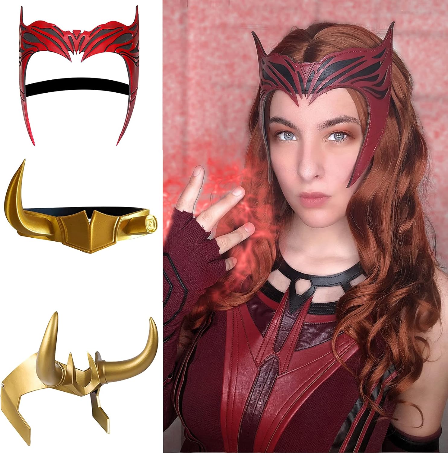 Corona Wanda con cuernos, máscara de supervillano, casco dorado, accesorios de cosplay para mascarada (tocado Wanda)