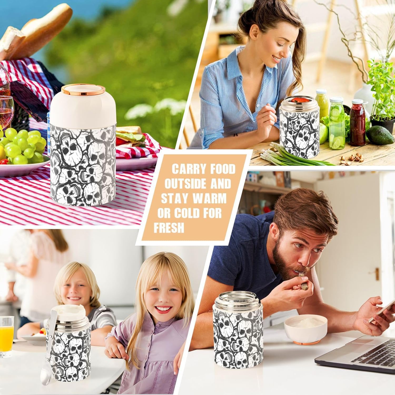 Skulls Black White Kids Womens Food Insulated Jar with Spoon 17oz500ml Food Storage Containers Stainless Steel Vacuum Keep Warm Lunch Container for