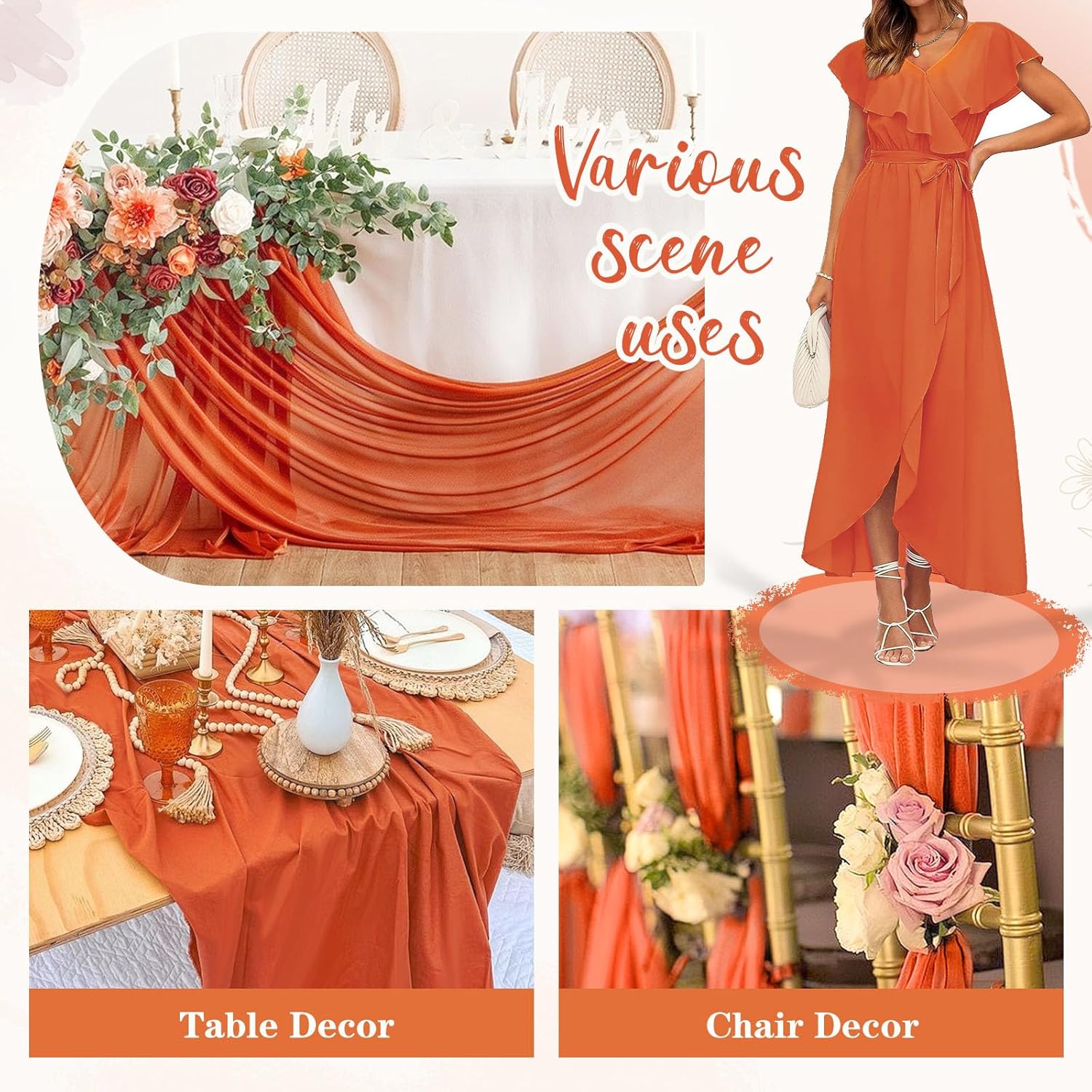 The Yard – Tela transparente de gasa naranja quemada de 10 yardas, decoración de corredor de boda, decoración de despedida de soltera