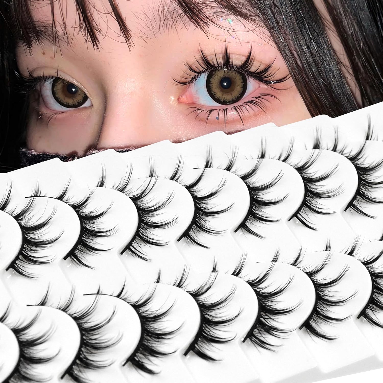 10 pares de pestañas de manga de aspecto natural de 0.631 pulgadas, estilo espigado, estilo japonés, anime cosplay, ojo de gato, extensión de