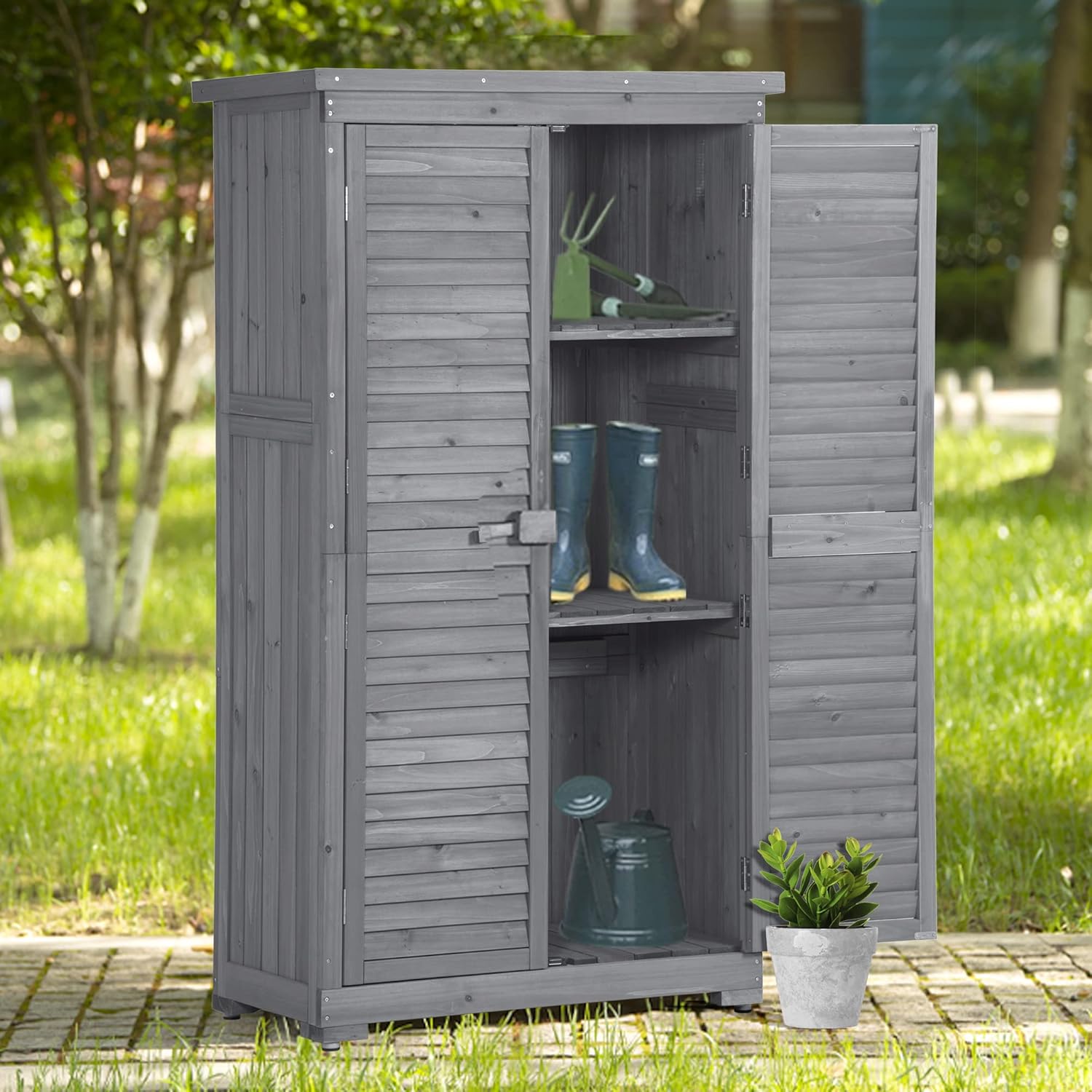 Cobertizo de almacenamiento de madera para exteriores de 2.85 x 1.5 pies con puerta con cerradura, cobertizo de herramientas de almacenamiento de