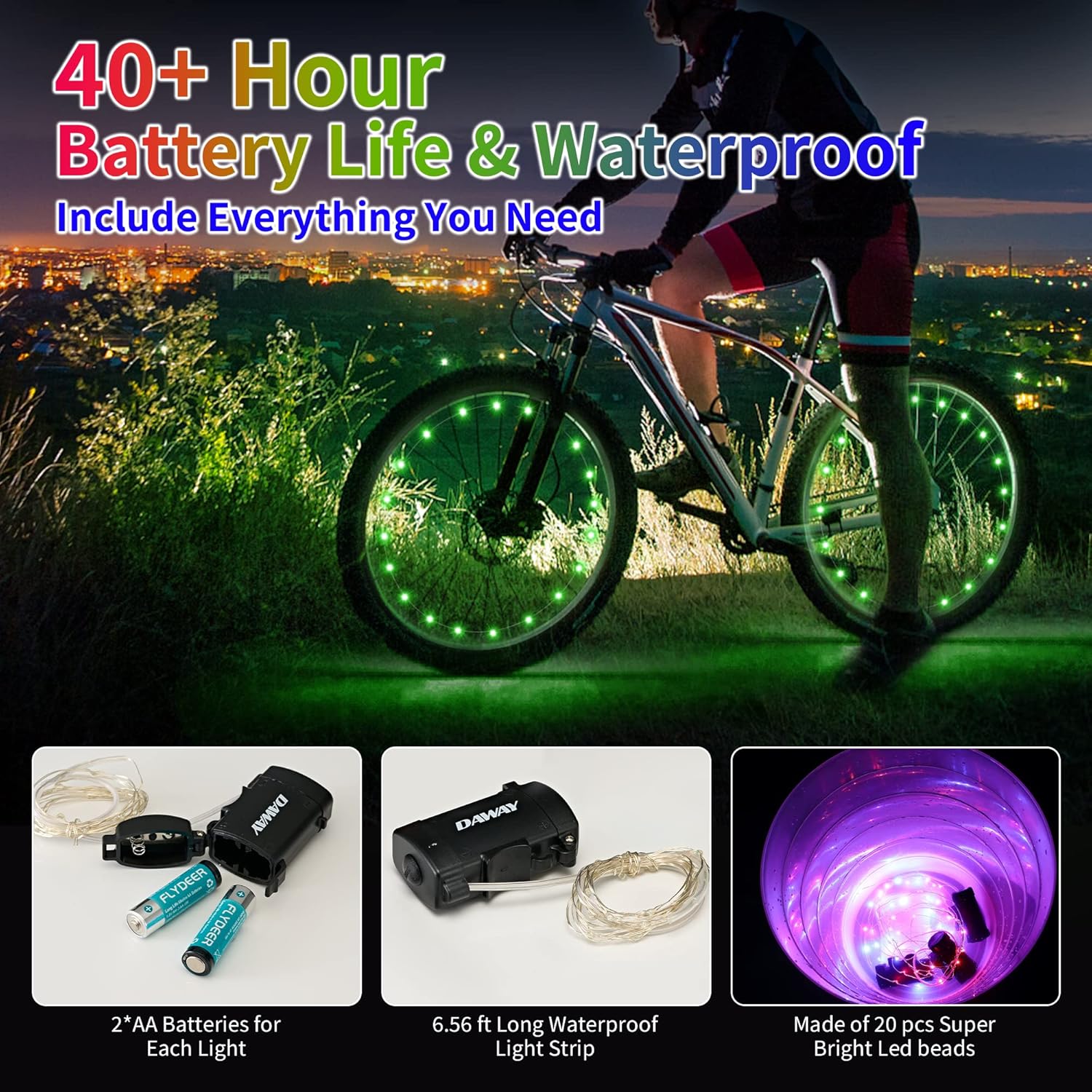 DAWAY Luces LED A01 para rueda de bicicleta, luces brillantes para radios de bicicleta, luces de seguridad impermeables para neumáticos de