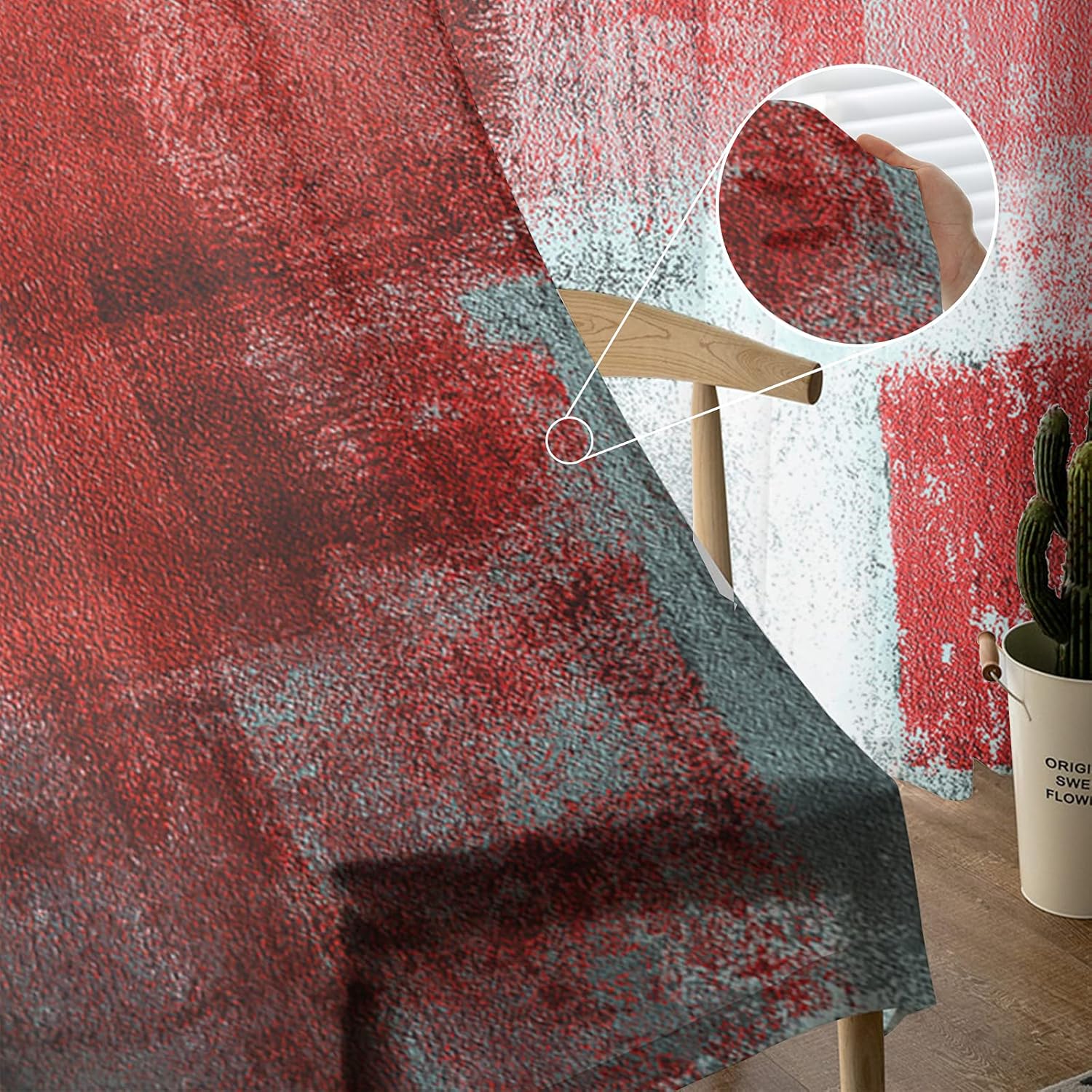 Juego de 2 paneles de cortinas traslúcidas color rojo y gris de 63 pulgadas de largo, cortinas semitransparentes geométricas de pintura al óleo para