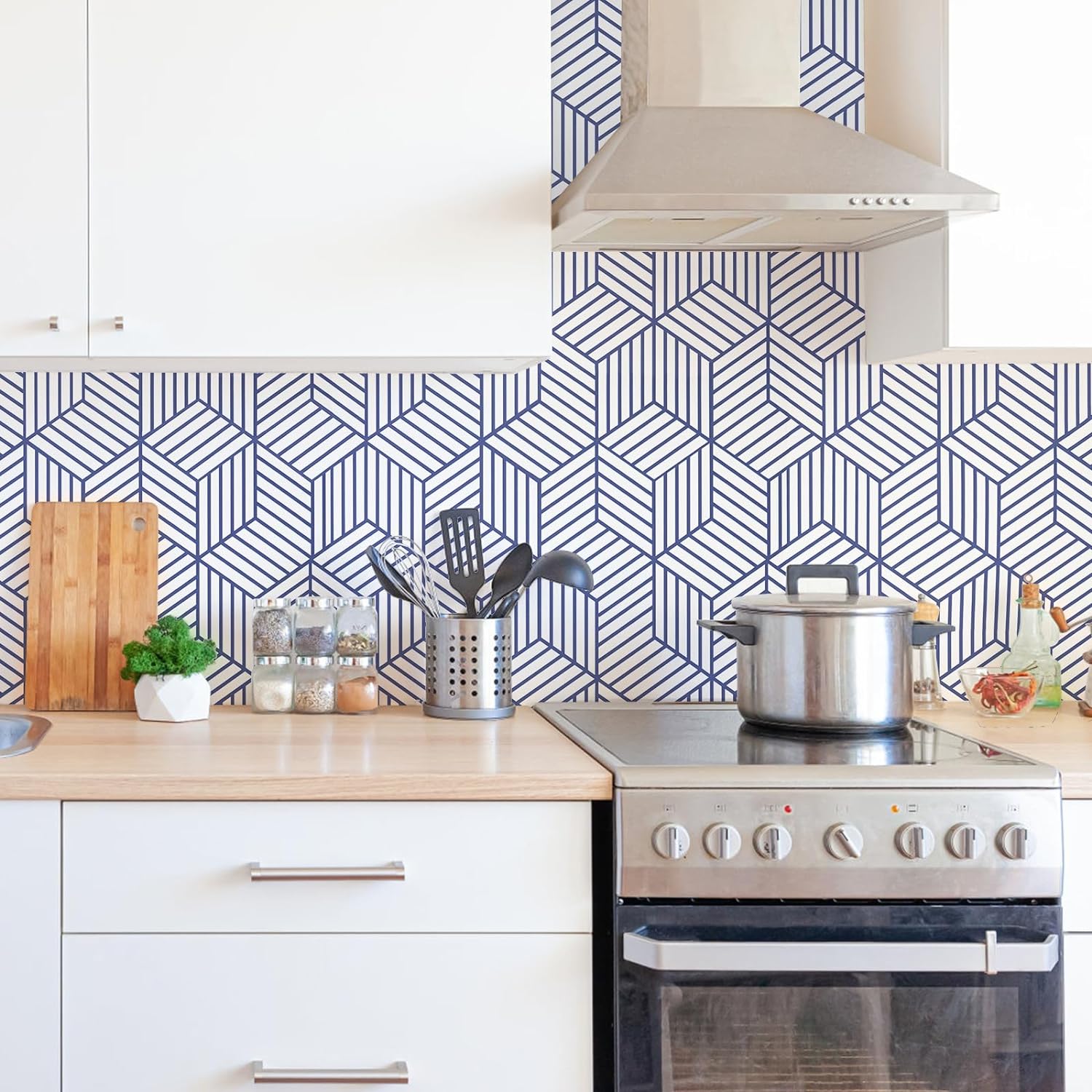 WENMER Papel tapiz hexagonal geométrico de 17.71 pulgadas x 236 pulgadas, papel tapiz adhesivo azul y blanco, papel de contacto autoadhesivo