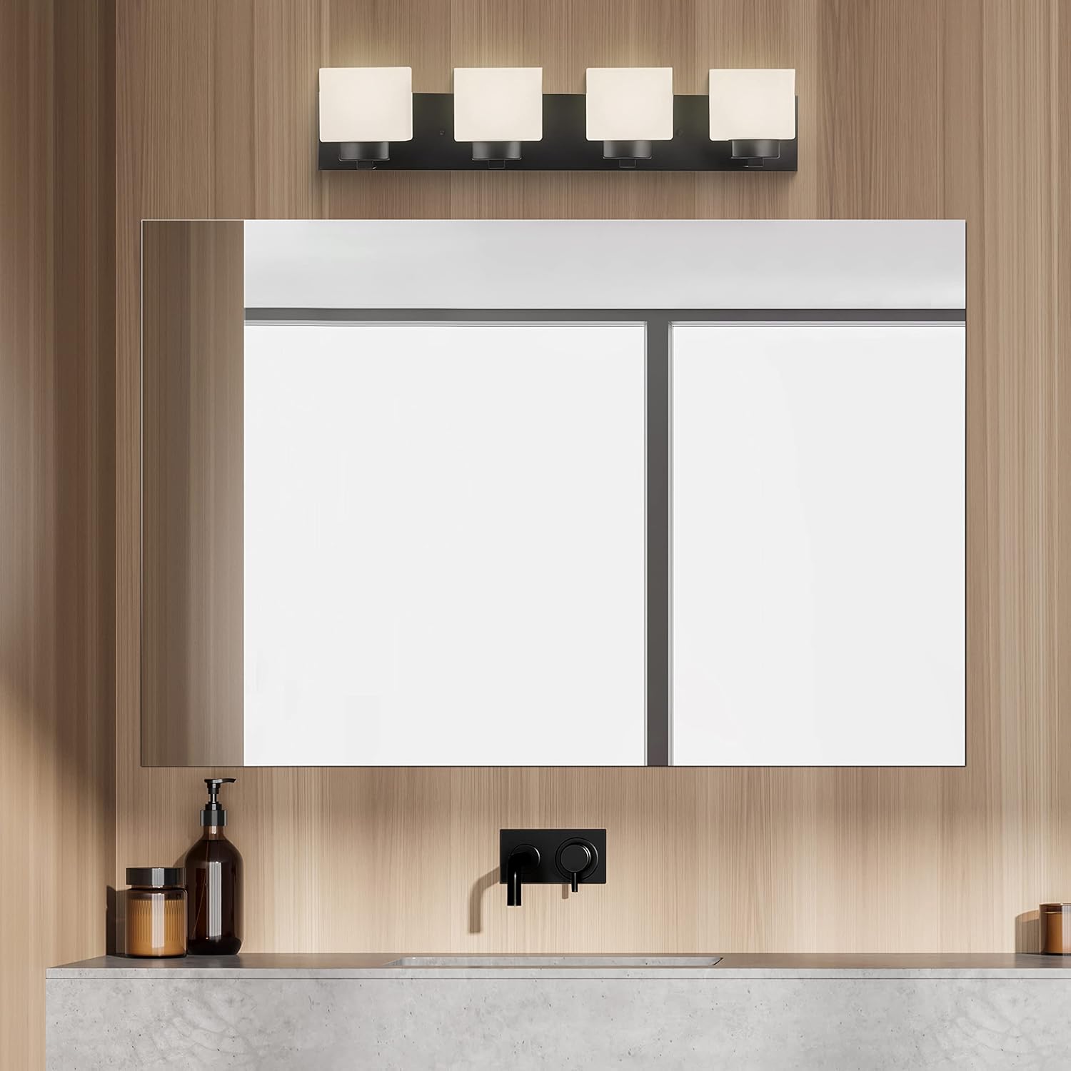Design House 588426 Dove Creek – Lámpara de tocador regulable con vidrio esmerilado para espejo de baño, negro mate, 4 luces