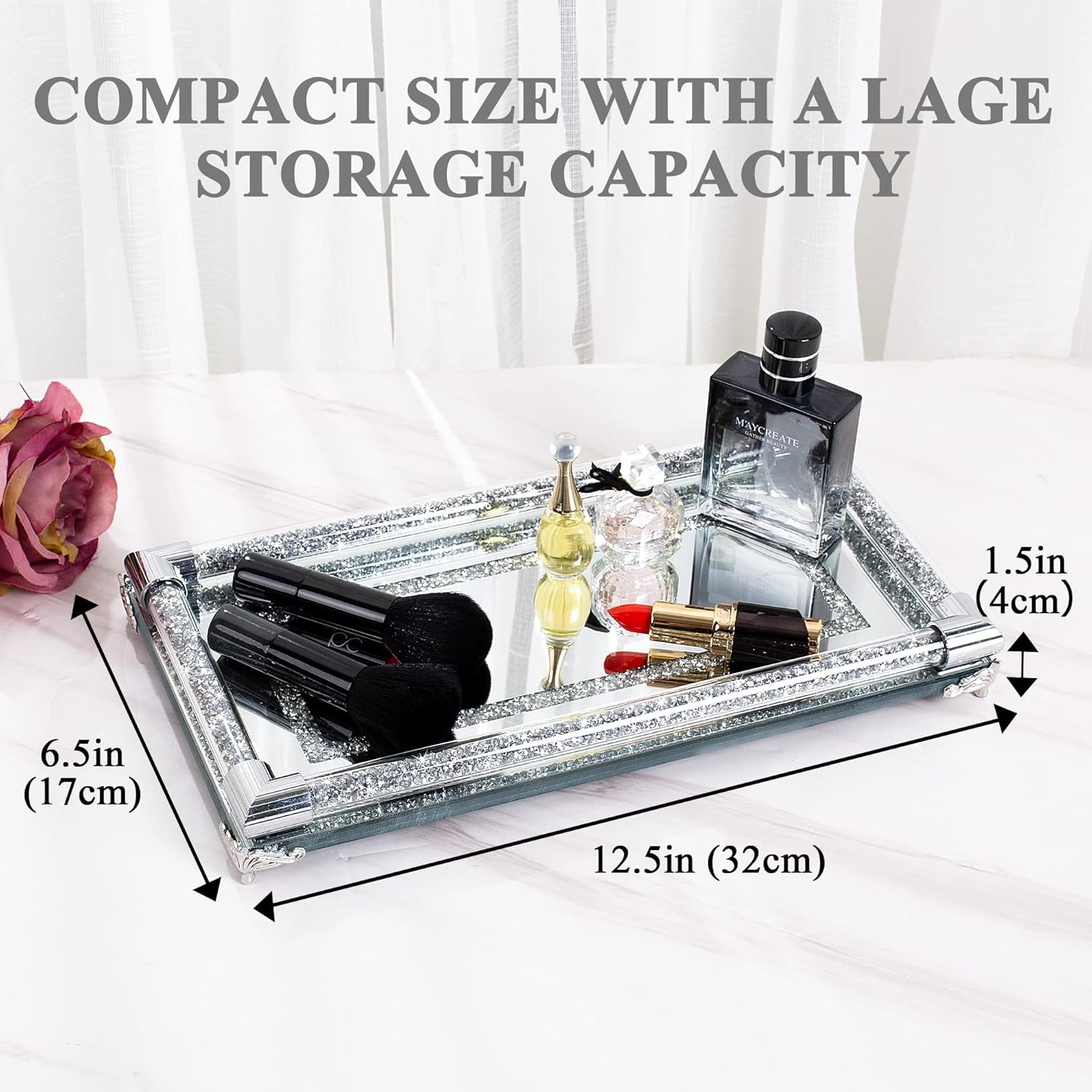 SHYFOY Bandeja de tocador de perfume de espejo plateado de 12.5 pulgadas, bandeja decorativa de cristal triturado, bandeja decorativa rectangular de