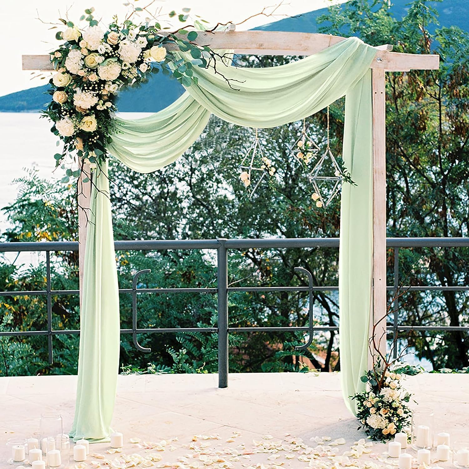 Tela drapeada para arco de boda, 2 paneles de 19 pies, cortinas verde salvia para telón de fondo, ceremonia de boda, decoración de recepción, tela
