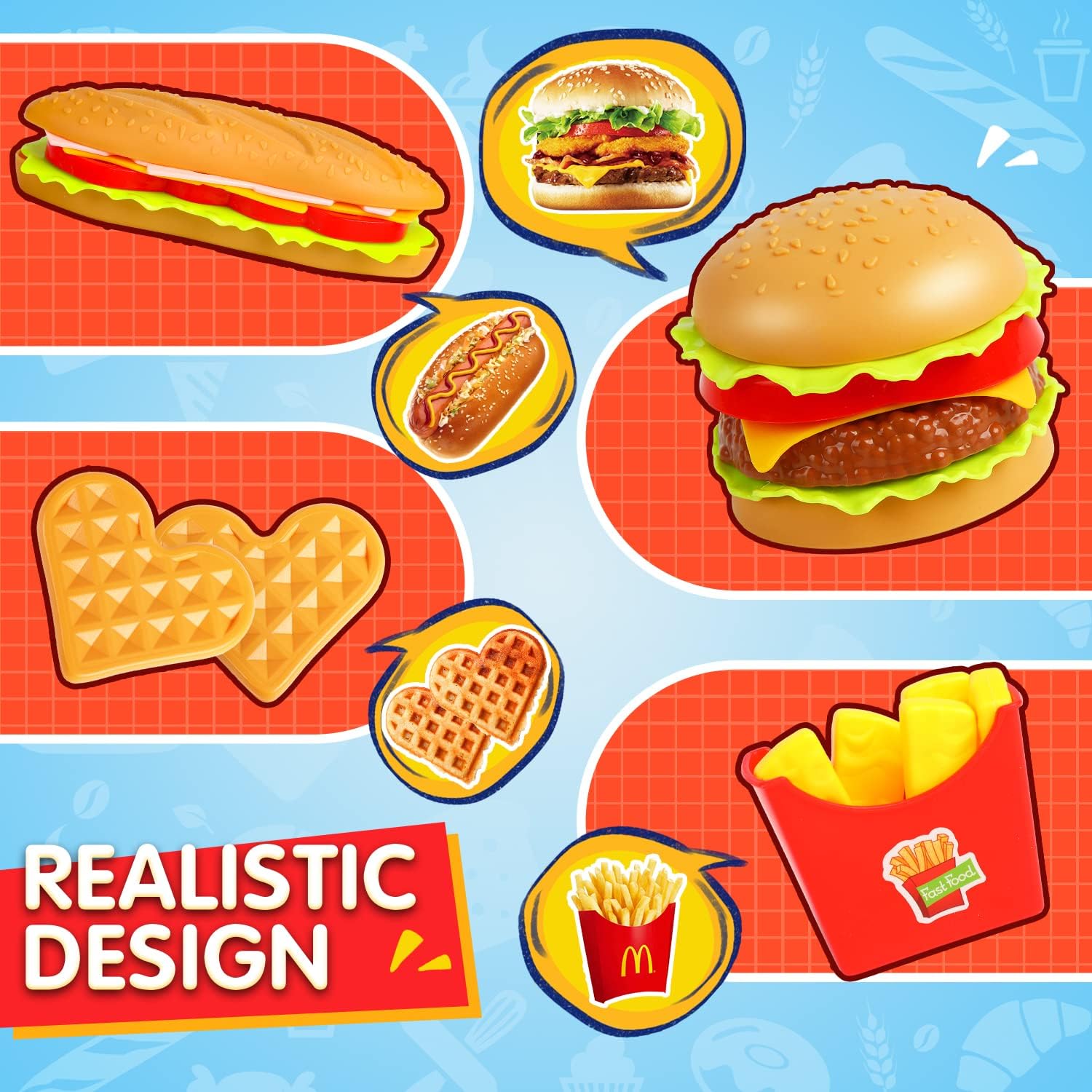 FINGOOO Juego de comida de simulación, hamburguesas fritas, pizza, palomitas de maíz, juguetes de rol, regalo educativo para niños y niñas