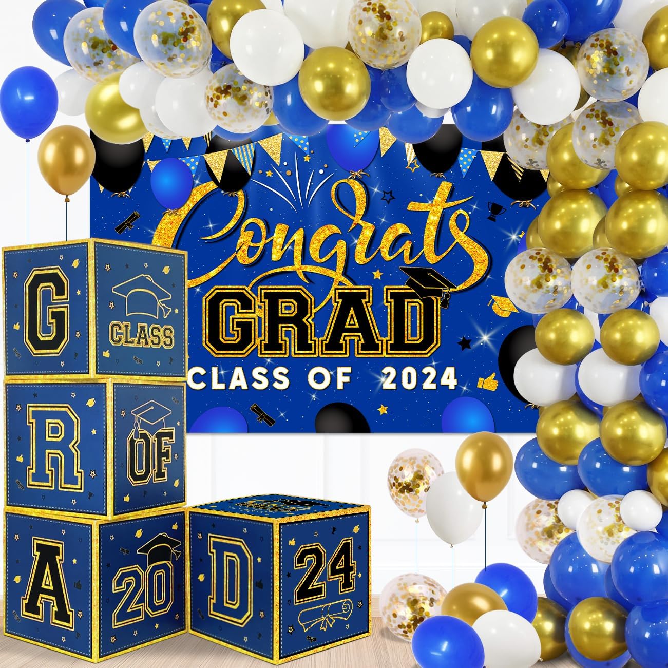 Decoraciones de graduación de clase de 2024, suministros de fiesta de graduación azul y dorado, kit de arco de globos, cajas de globos, pancarta de