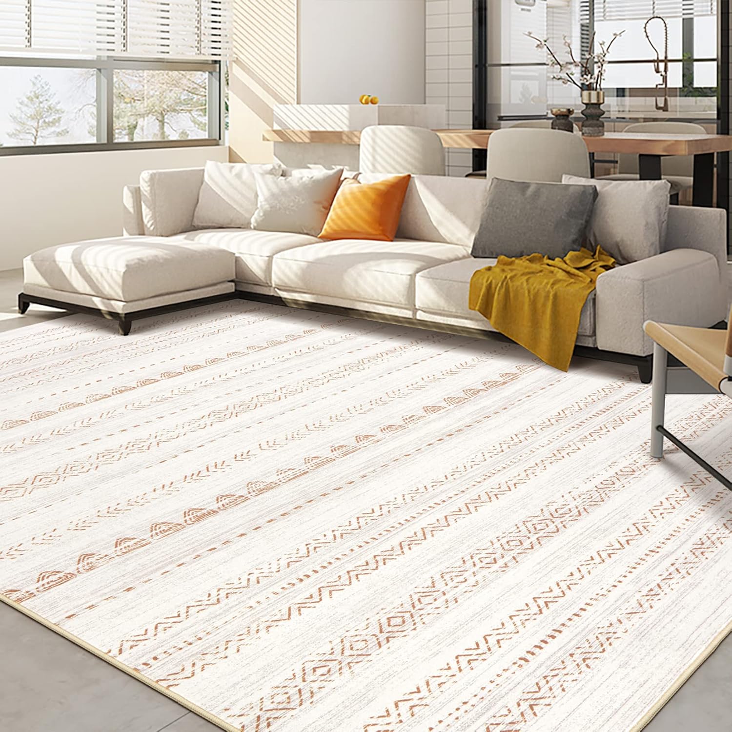 Alfombra de área para sala de estar 6 x 9 pies, grande, suave, lavable a máquina, estilo bohemio, marroquí, casa de campo, neutro, resistente a las