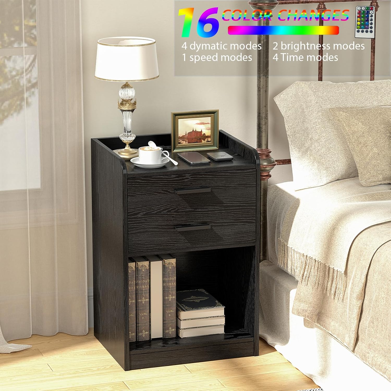 Mesas de noche, mesita de noche LED con estación de carga, mesa auxiliar pequeña de madera con cajón para dormitorio, sala de estar, color negro