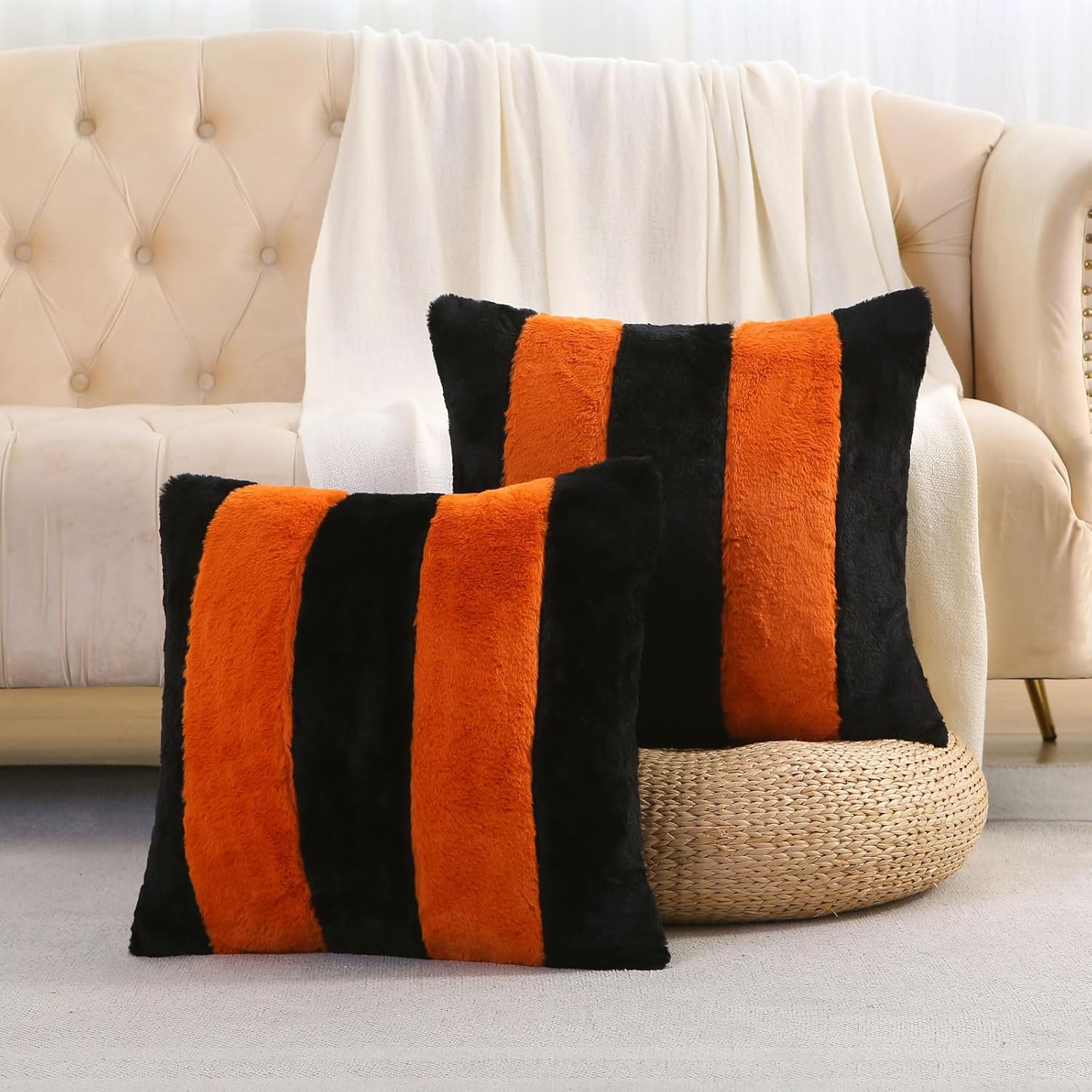 Juego de 2 fundas de almohada a rayas negras y naranjas de 18 x 18 pulgadas, decoraciones de otoño para el hogar, fundas de almohada decorativas,
