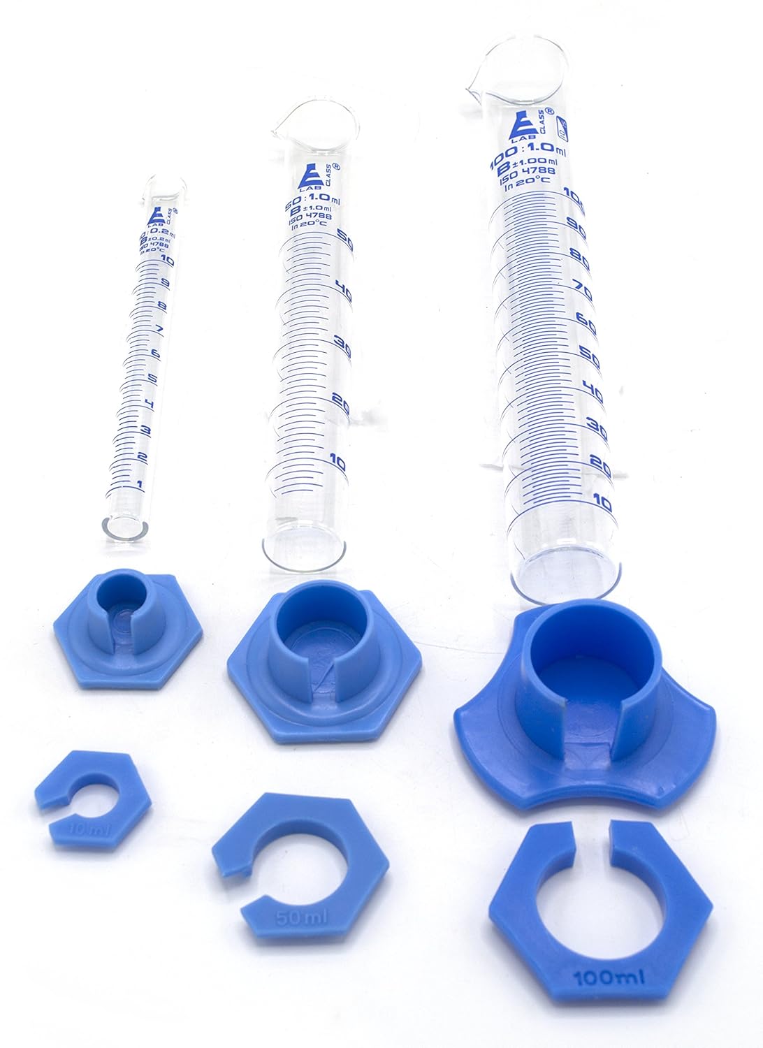 Eisco Labs juego de cilindros graduados, 3 unidades, 10 ml, 50 ml, 100 ml, con protectores de plástico, clase B, de vidrio de borosicalato