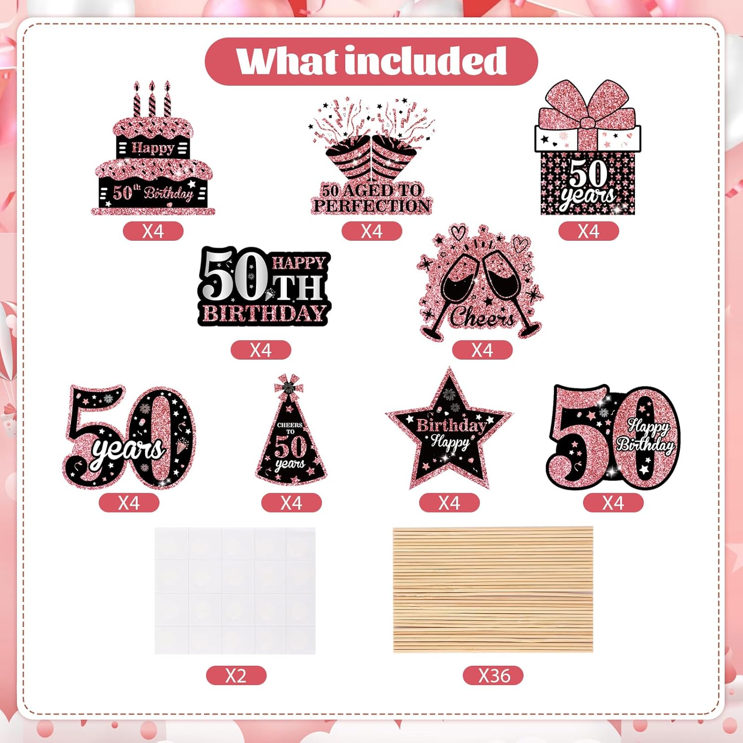 36 piezas de decoración para tartas de cumpleaños número 50, color oro rosa y negro, decoración para cupcakes de 50 años, 50 fabulosas selecciones