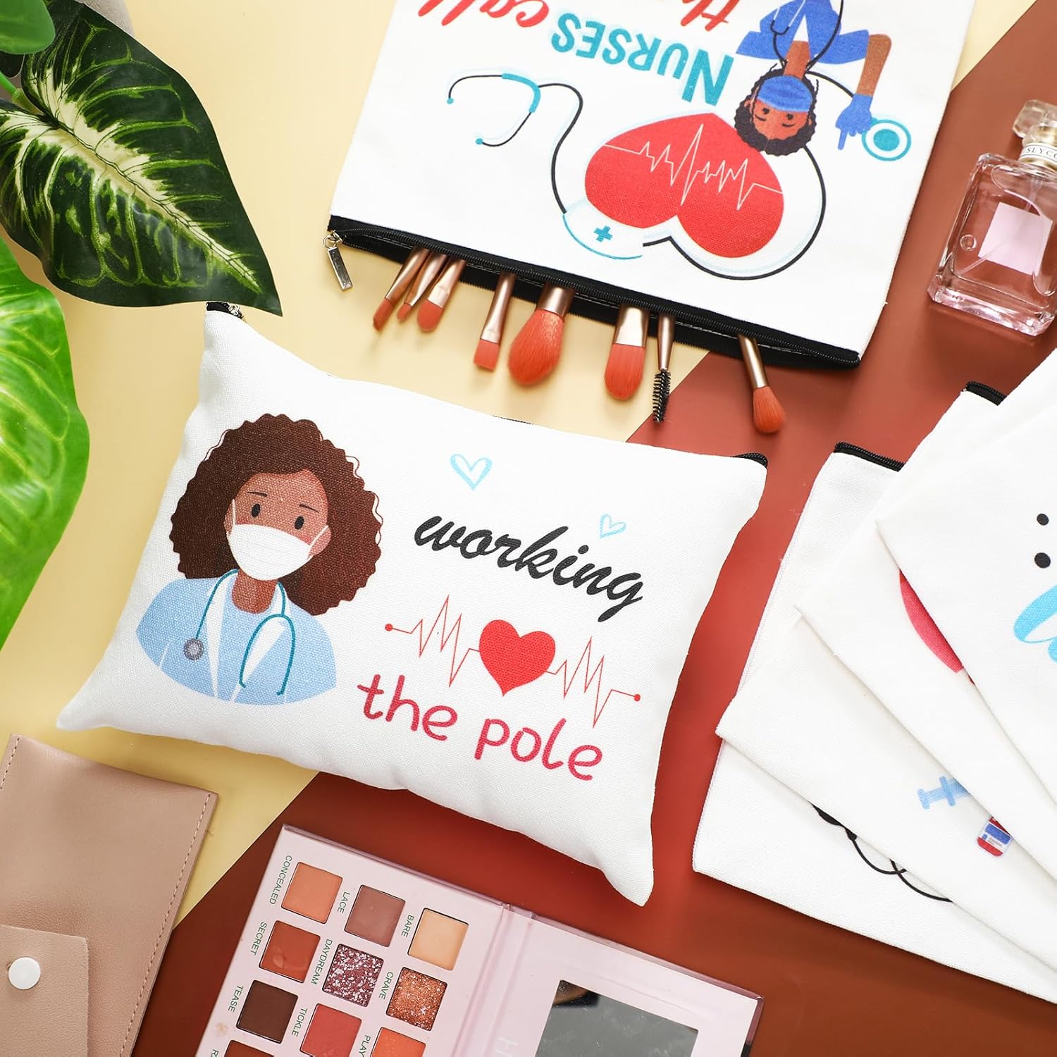 Layhit Bolsa de maquillaje negra para enfermera, 6 unidades, de lona, regalo de enfermera afroamericana, bolsa de maquillaje de viaje, kit de