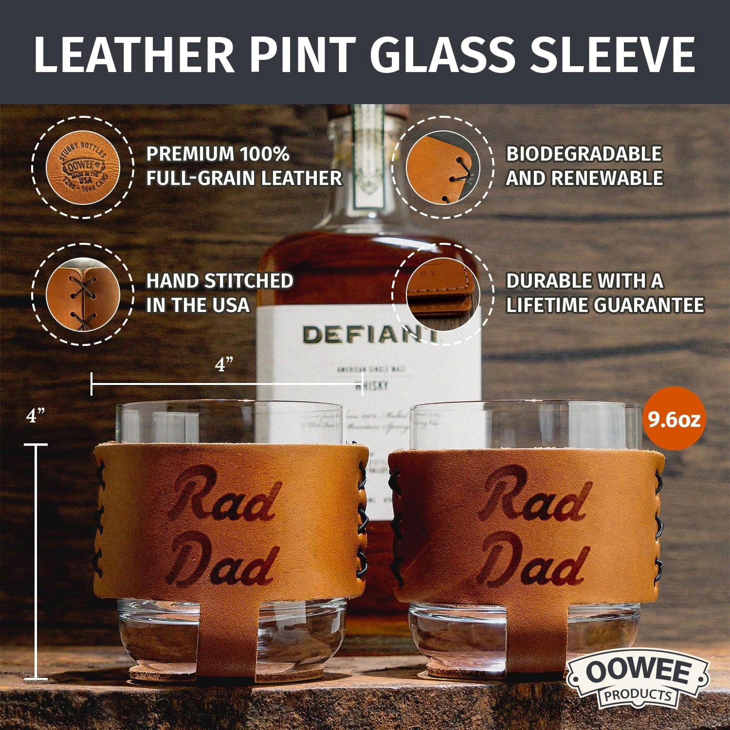 Oowee – Juego de 2 vasos de whisky de 9.6 onzas y vasos de estilo antiguo, gran regalo para hombres, funda fabricada en los Estados Unidos, Rad Dad