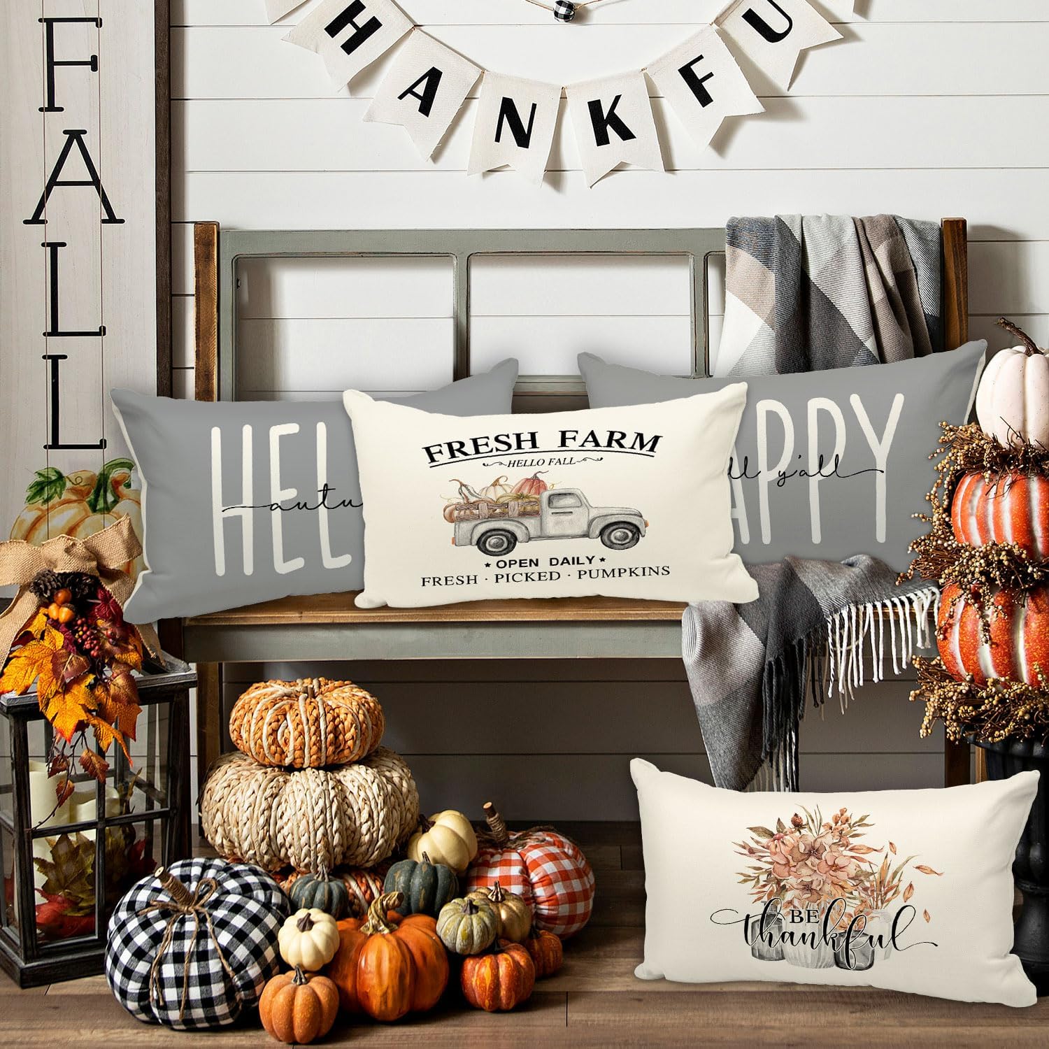Ywlake Juego de 4 fundas de almohada decorativas de otoño de 12 x 20 pulgadas, color gris de 12 x 20 pulgadas, fundas de almohada otoñales de Acción