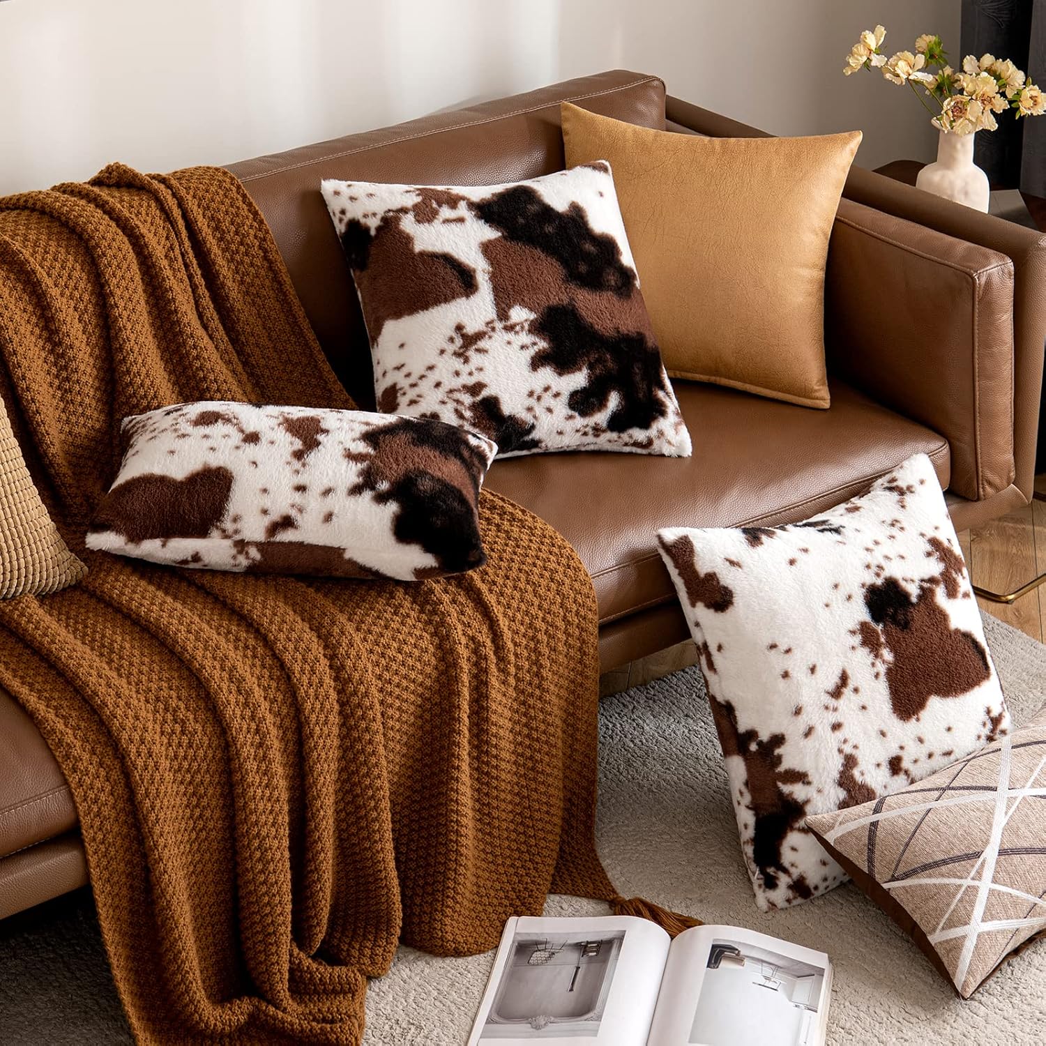 Woaboy Paquete de 2 fundas de almohada de piel sintética de lujo de piel de vacuno decorativas suaves y esponjosas para sofá, sala de estar, sofá,