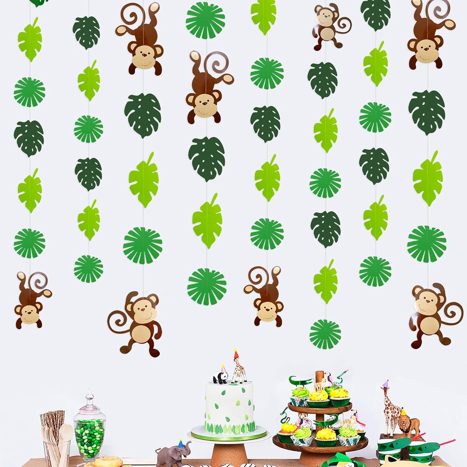Guirnalda de recortes de hojas de palma de mono, decoración de fiesta de selva, monos, decoraciones de pared colgantes para niños, decoración de