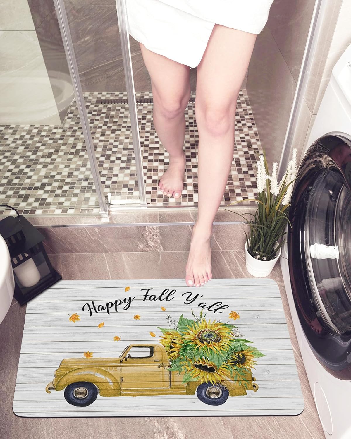 Bath Mat,Thanksgiving Happy Fall Y’all Retro Yellow Truck Sunflower Maple Leaves Wooden Thin Mat Bathroom Quick Dry Rug Entrance Non Slip Rubber
