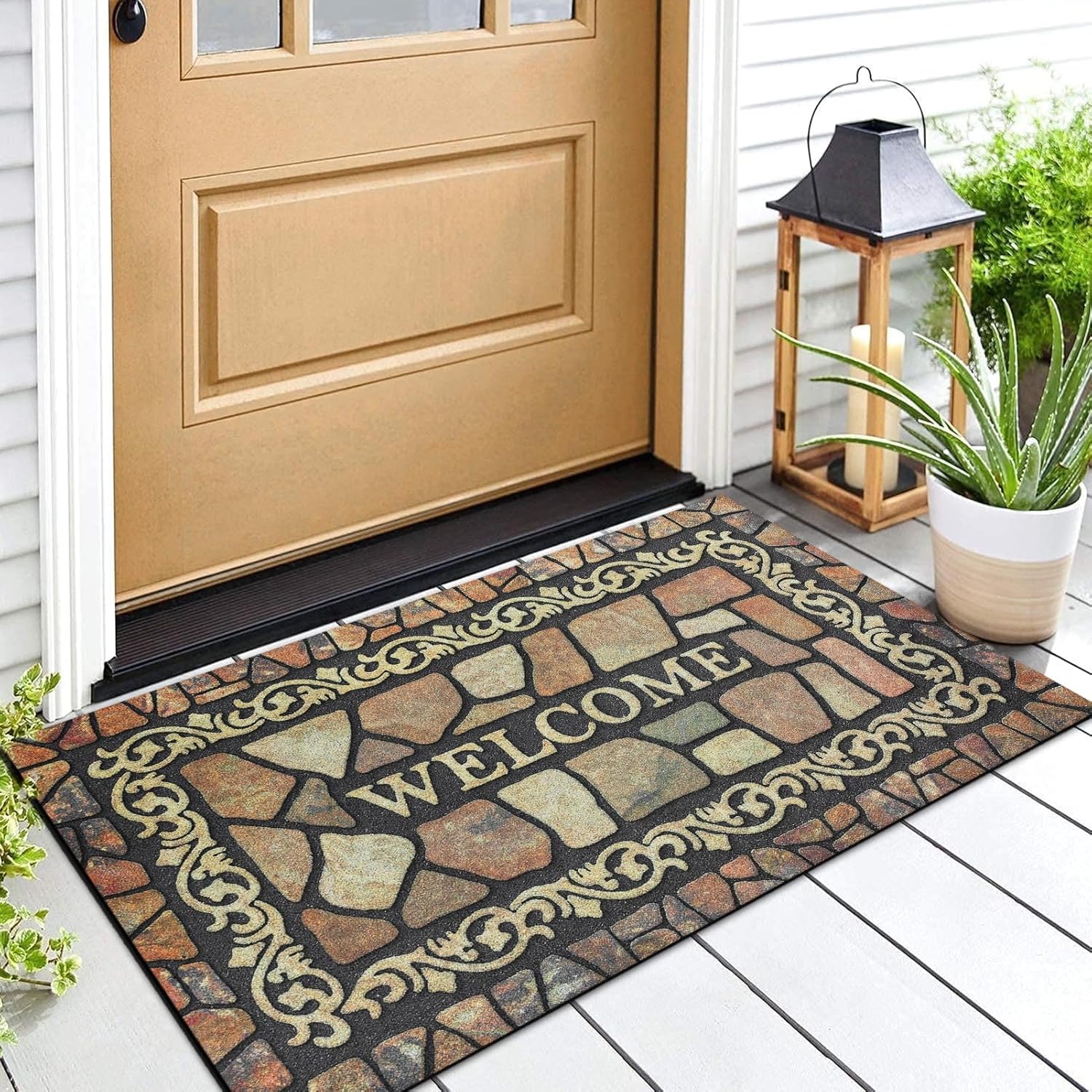 Tapete retro para puerta, 17 x 30 pulgadas, color beige, tapete decorativo para el hogar, parte trasera de goma antideslizante y fuerte absorción de