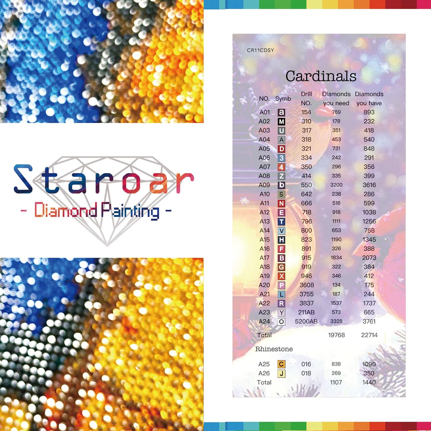 Staroar Kits de pintura de diamantes 5D para adultos redondos con AB y diamantes de imitación de cristal – Cardenales 51x40CM Art Craft Diamond Art