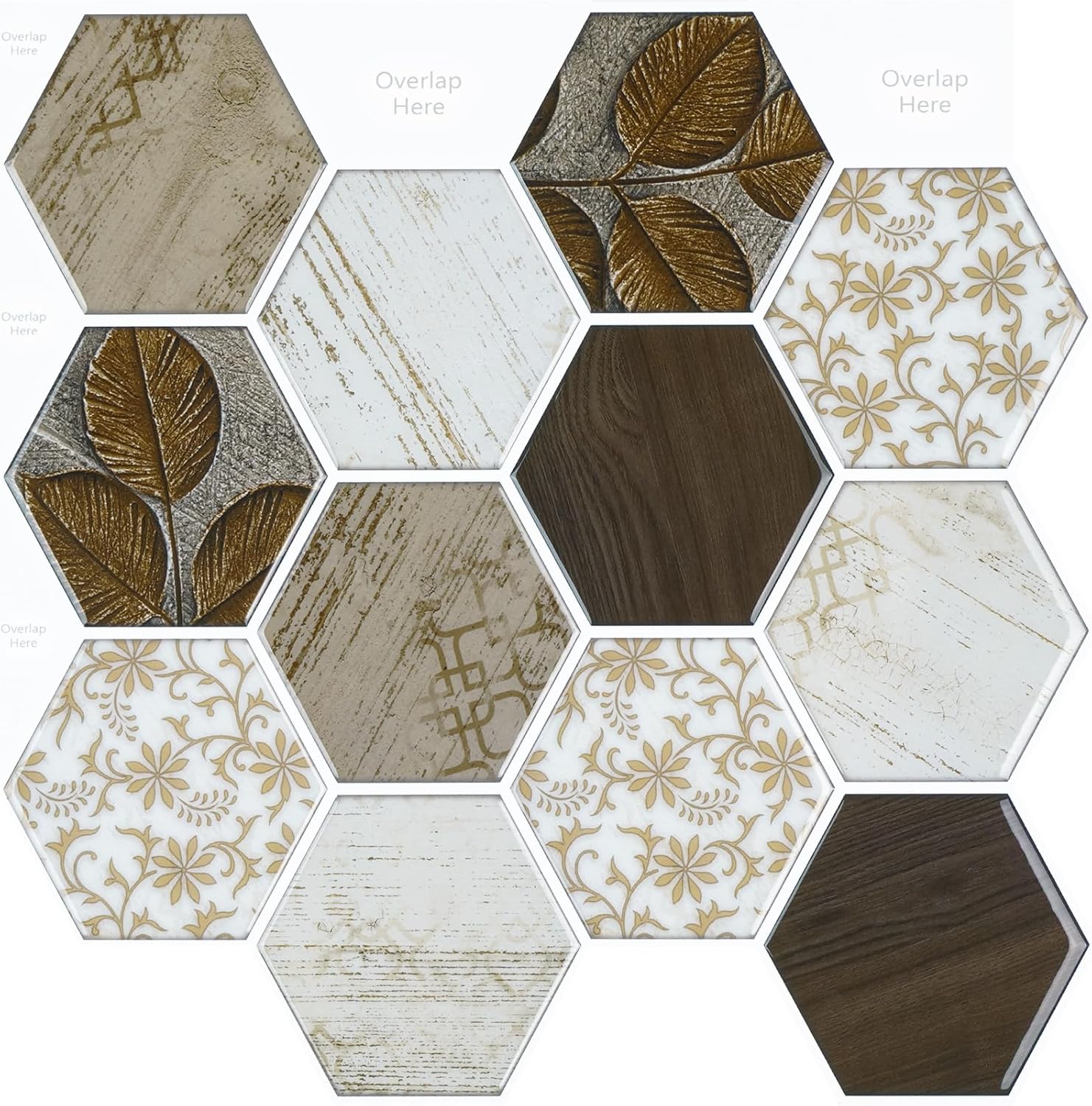 VaryStyle 18 hojas de azulejos hexagonales para salpicaduras de cocina, 12 x 12 pulgadas, azulejos de pared 3D bohemios florales 3D, removibles,